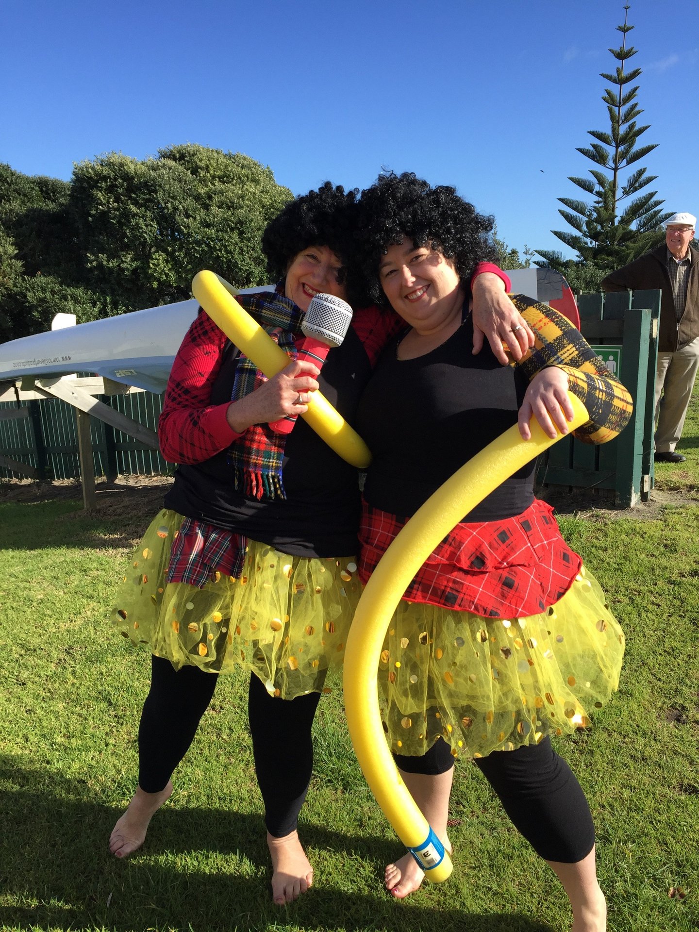 Kathy Worthy (left) and her niece Sacha Moreland, best dressed in tartan winners at the Waipu Cove Life Saving Club midwinter swim. Photo / Supplied