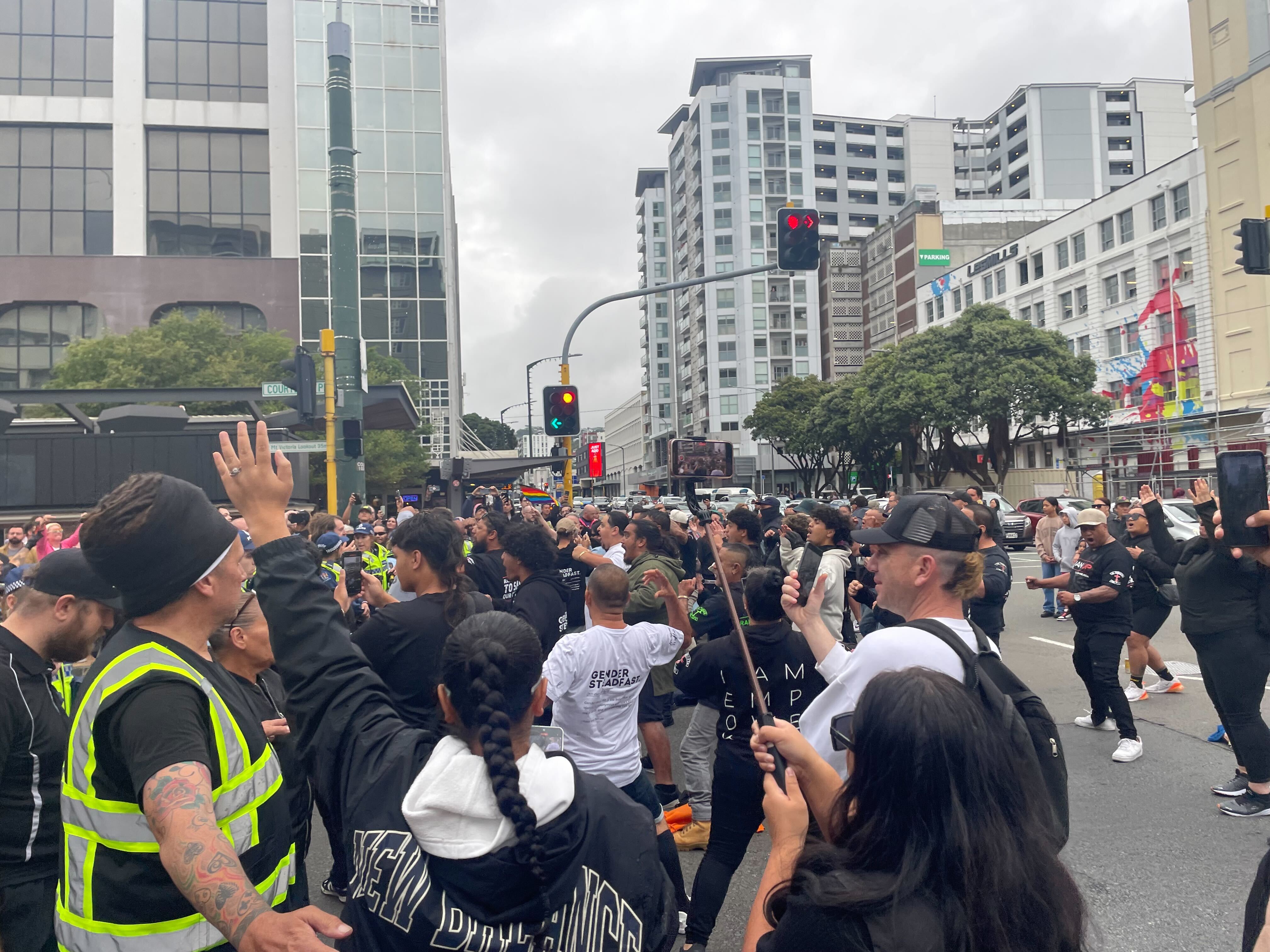 The Wellington Pride parade was briefly disrupted by the Destiny Church-linked group Man Up near Taranaki St in downtown Wellington. Members of the group performed a haka. Herald photo / Azaria Howell