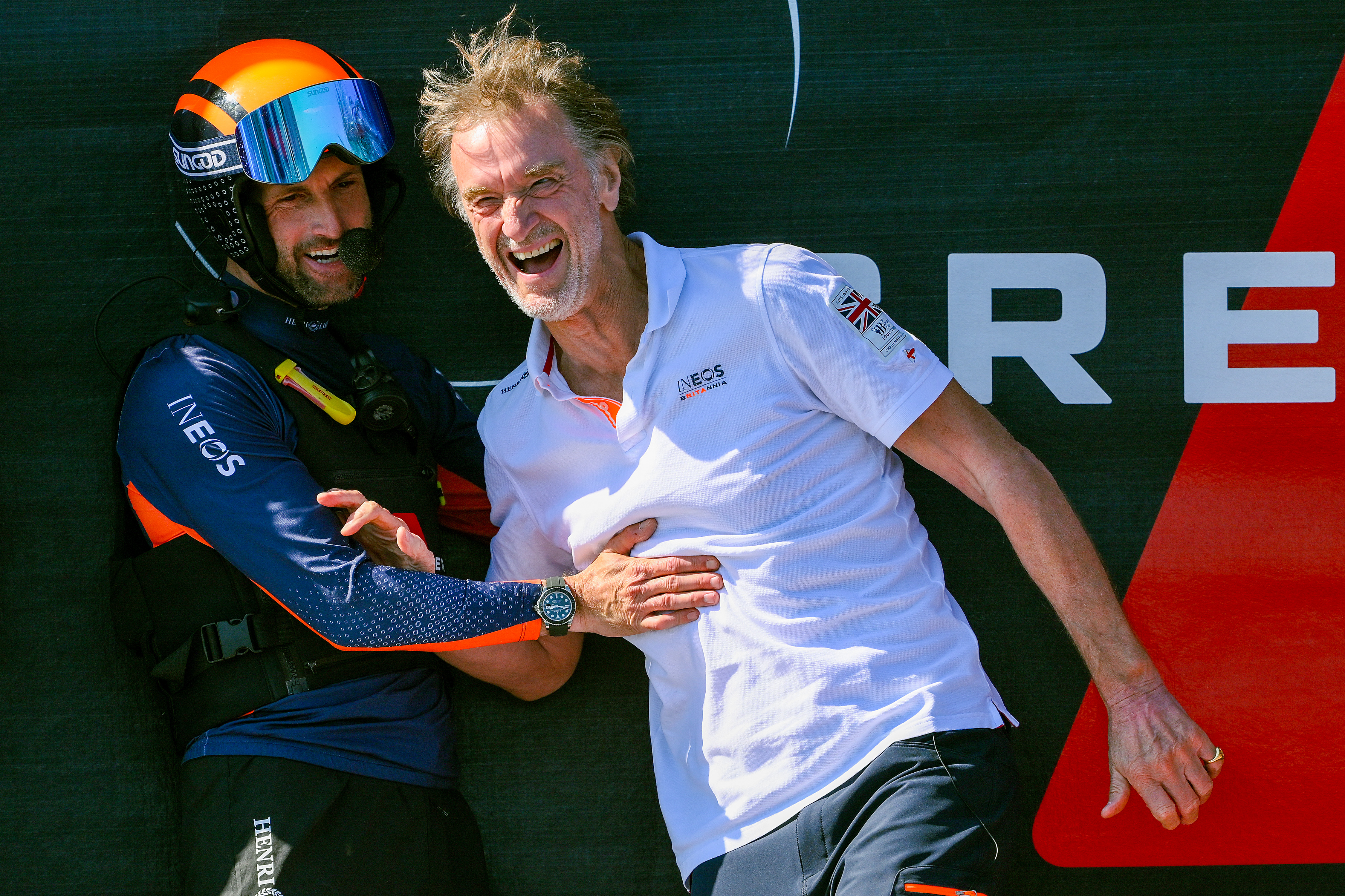 Sir Ben Ainslie skipper of the AC75 Ineos Britannia and Ineos CEO Sir Jim Ratcliffe celebrate after defeating The AC75 Luna Rossa Prada Pirelli Team  during the race 11 of the Louis Vuitton Cup Final. Photo / Getty Images