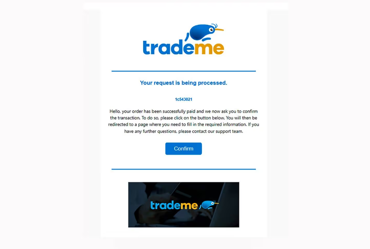 Trade Me warns that clicking a button in a 
