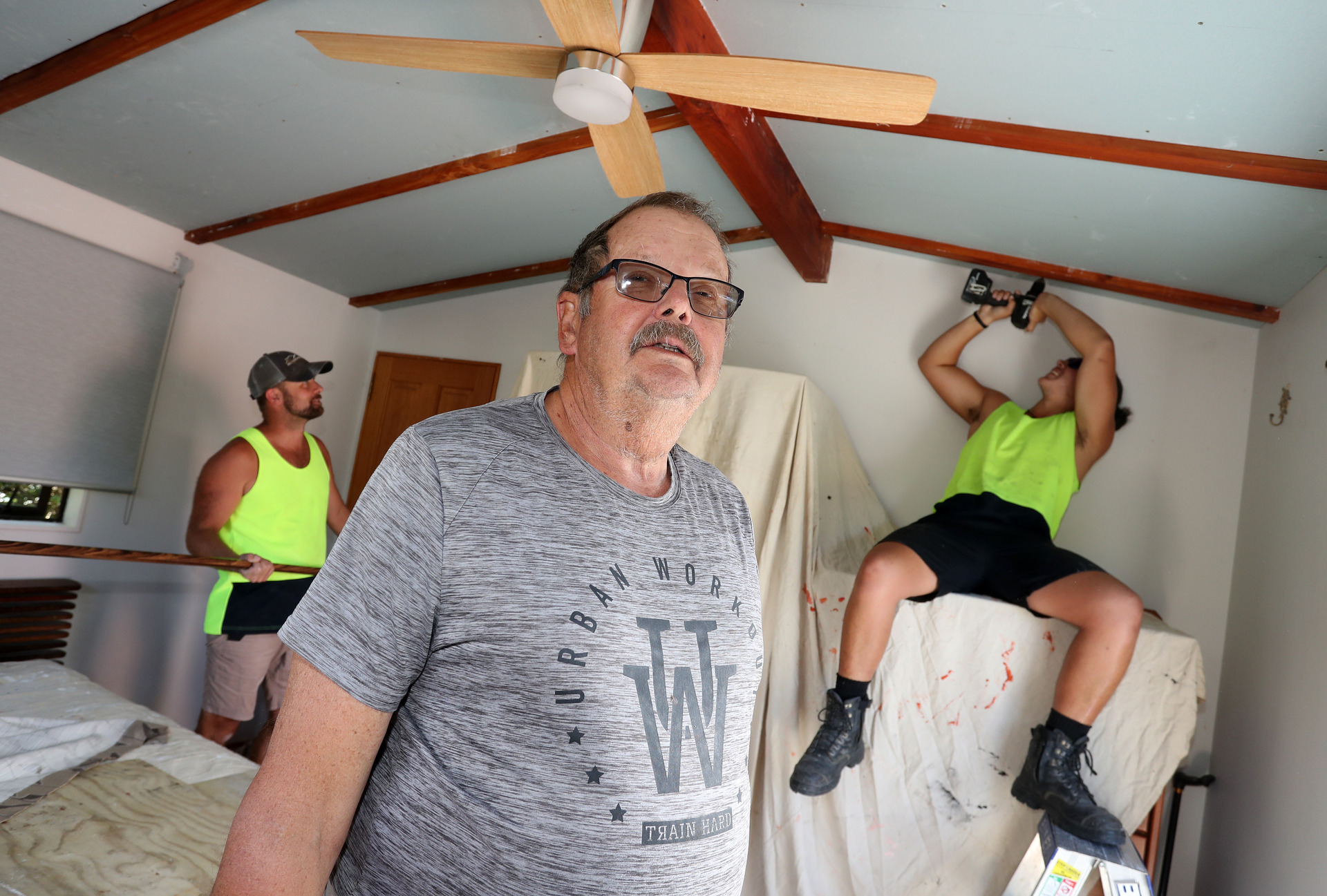 Builders finish new soundproof installation in Roger and Ruth de Bray's bedroom. Photo / Michael Cunningham