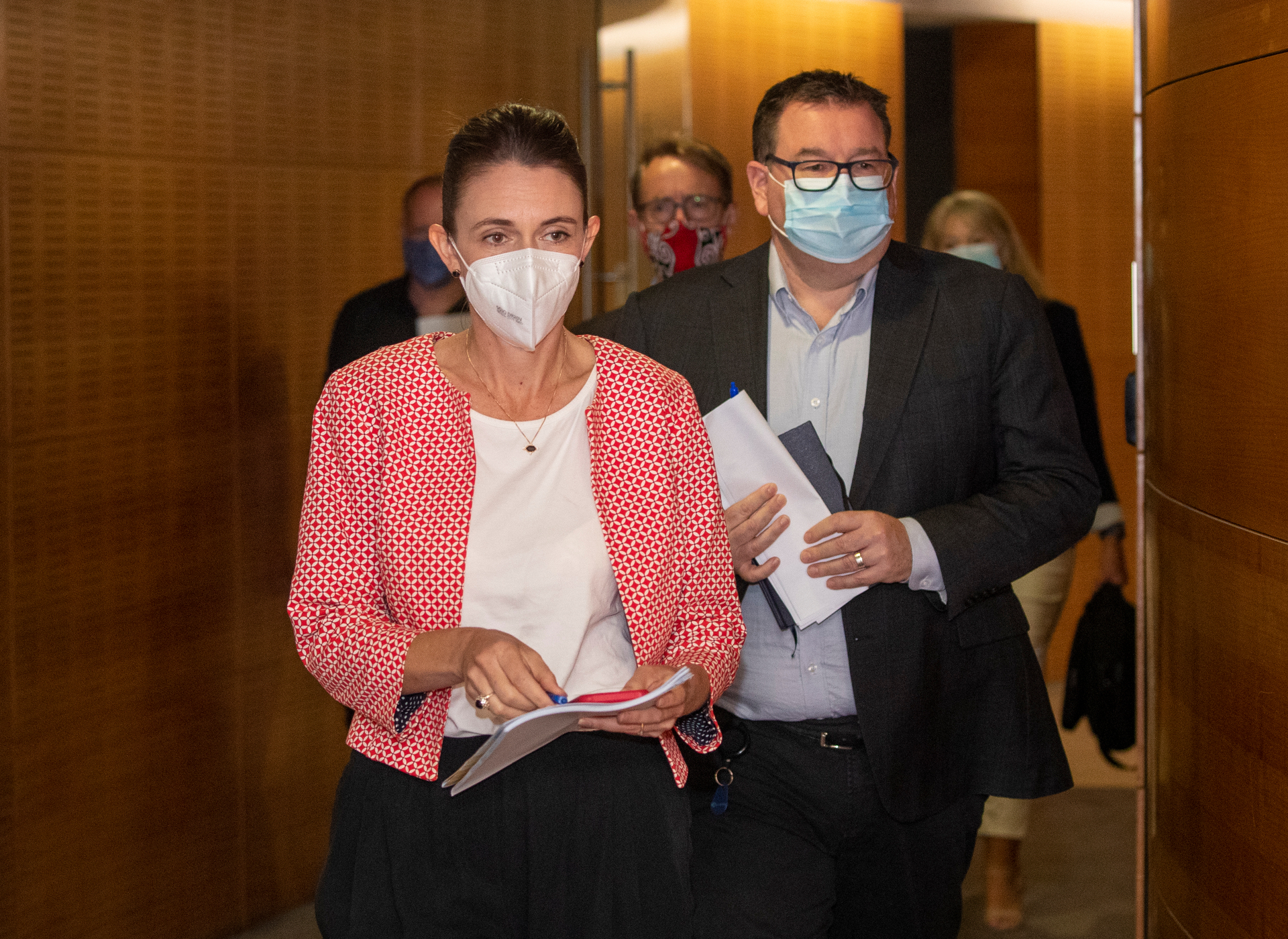 Prime Minister Jacinda Ardern, Deputy Prime Minister Grant Robertson and director-general of health Dr Ashley Bloomfield arrive for an Omicron press conference. Photo / Mark Mitchell