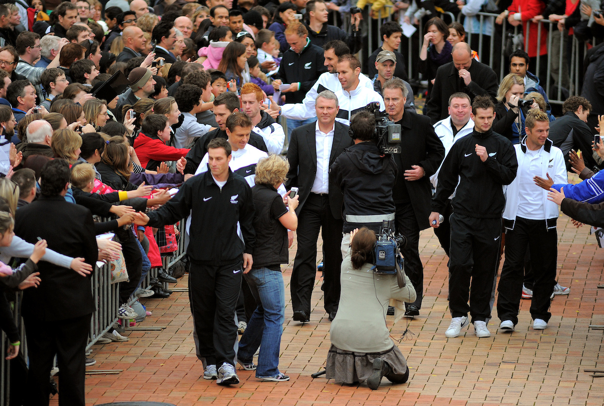 Ricki Herbert and his All Whites team walk into Civic Square. Photo / Photosport.co.nz