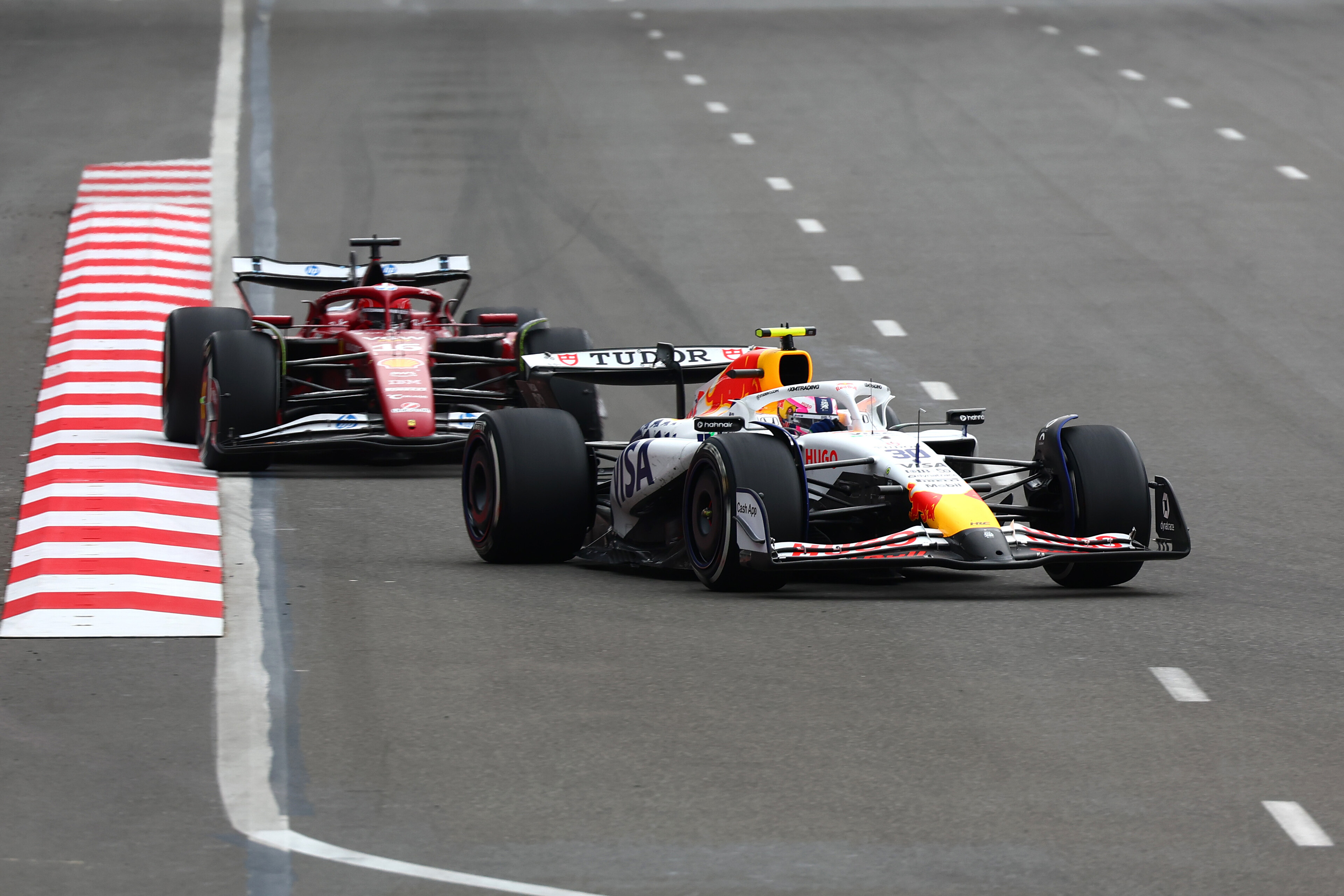 Liam Lawson leads Ferrari's Charles Leclerc at the Azerbaijan Grand Prix. Photo / Red Bull