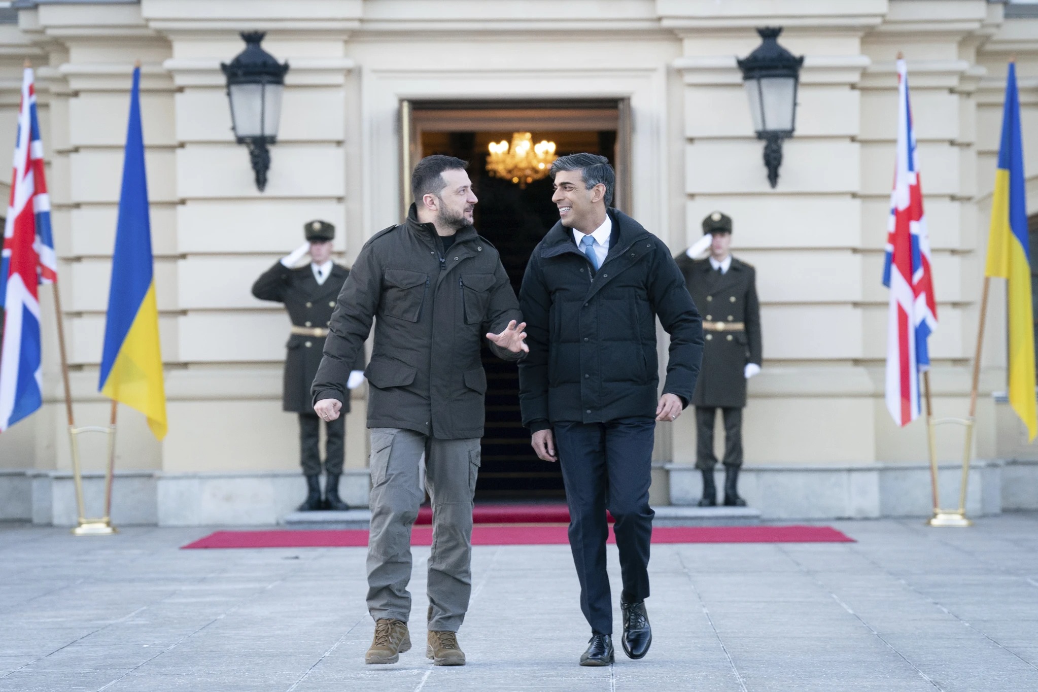 Prime Minister Rishi Sunak walks with President Volodymyr Zelenskyy during a visit to the Presidential Palace in Kyiv. Photo / AP
