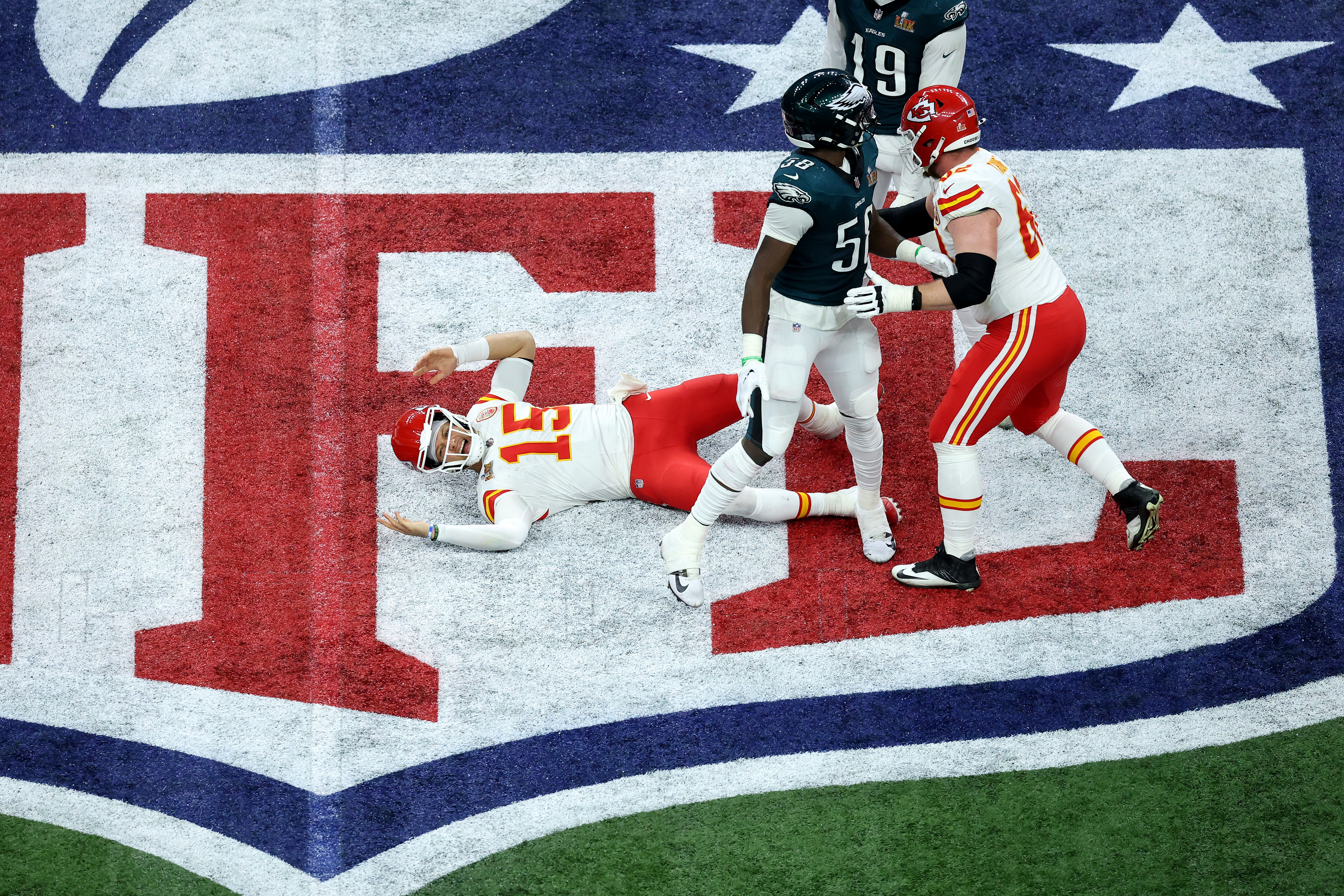 Patrick Mahomes reacts in the fourth quarter against the Philadelphia Eagles during Super Bowl LIX. Photo / Getty Images