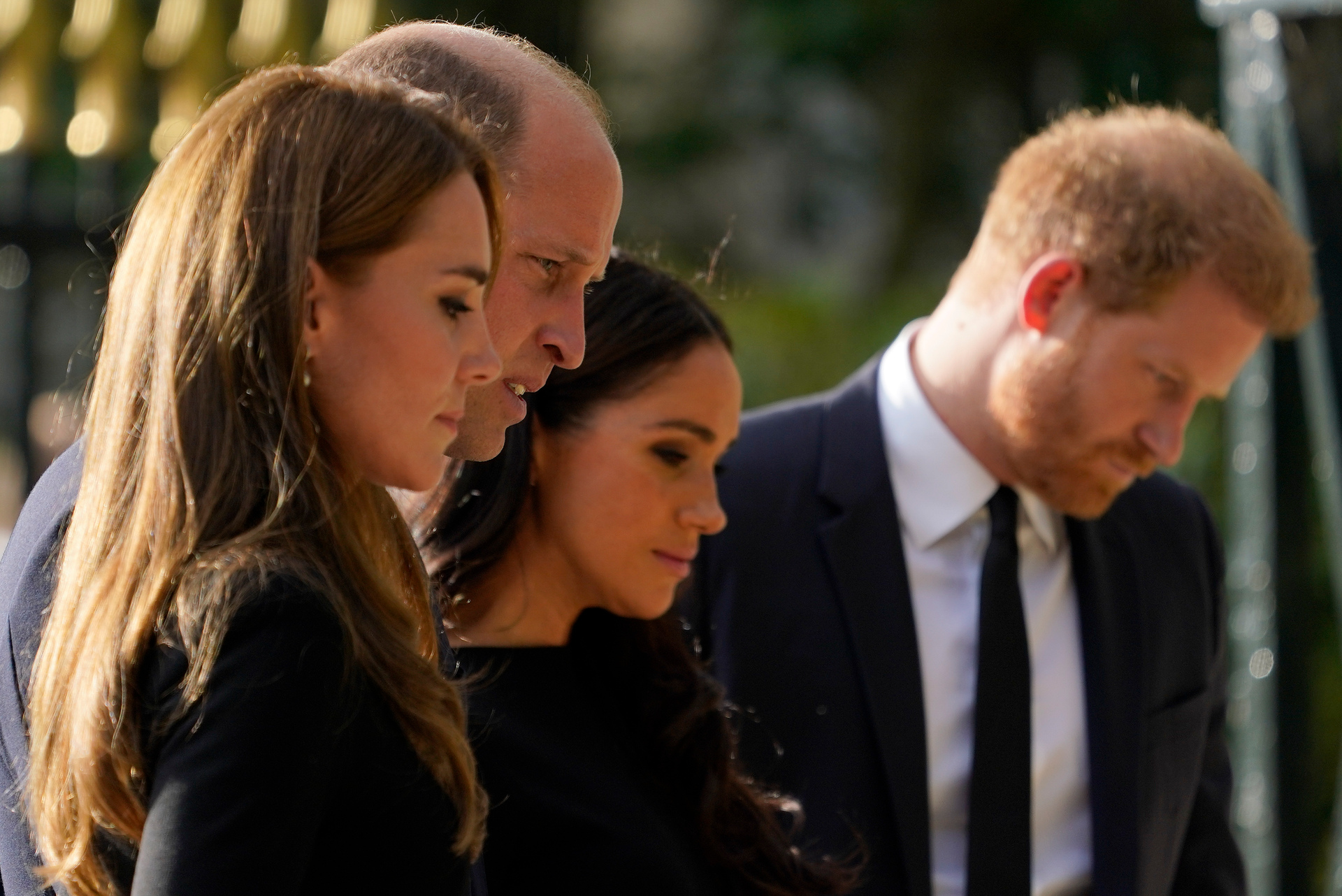 Prince William and Kate, Princess of Wales and Prince Harry and Meghan, Duchess of Sussex view the floral tributes for the late Queen Elizabeth II outside Windsor Castle. Photo / AP