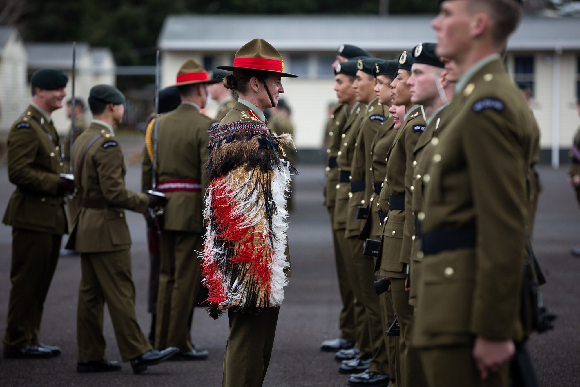 Chief of Army Major General Rose King inspects the troops of Recruit Regular Force Course 416, Rafah Company, during their graduation parade at Waiouru Military Camp in 2025. Photo / Sylvie Whinray 