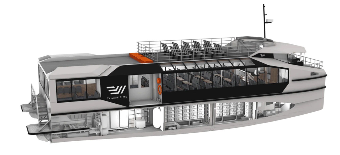 A render of the first of two, 200-passenger fully-electric ferries for Auckland. It will have a top speed would be 25 knots (that is, on a par with today's diesel ferries) with a range of 40km. Look for it on the Hobsonville Point or Half Moon Bay runs in 2024. Owner: AT. Operator: Fullers. Boat builder: Auckland’s EV Maritime (a spinout from McMullen & Wing). Propulsion system: Christchurch’s HamiltonJet.
