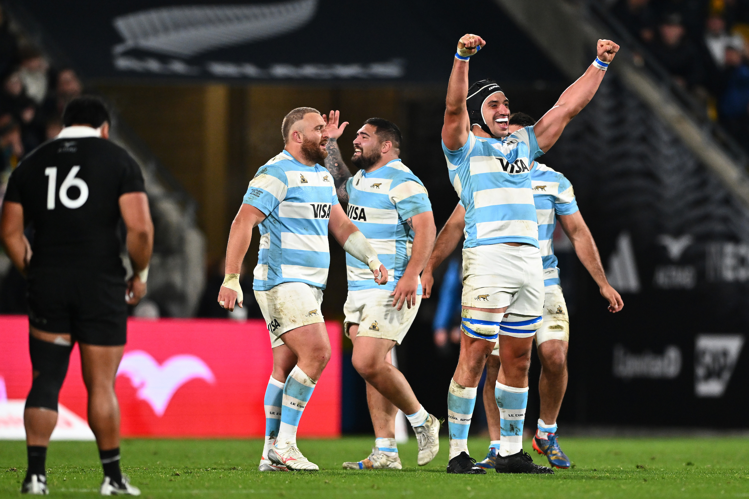 Argentina players celebrate after defeating the All Blacks 38-30 on August 10 in Wellington. Photo / Photosport