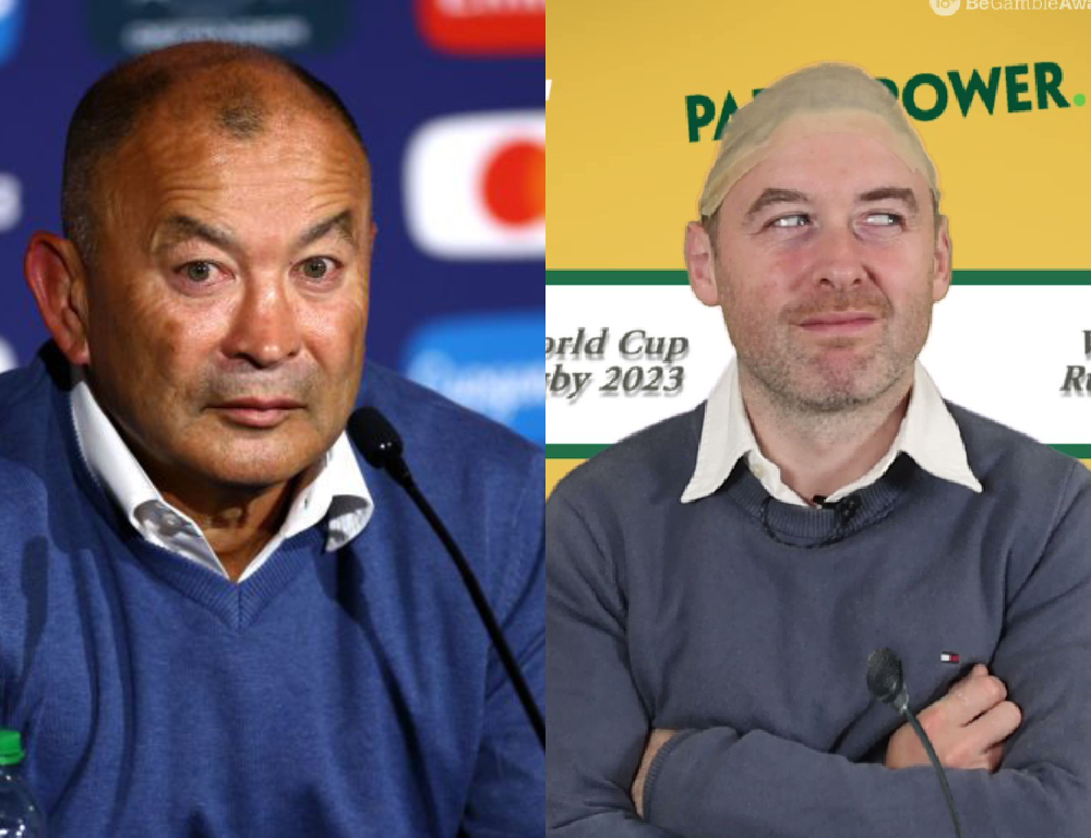 Eddie Jones, left, and impressionist Conor Moore.