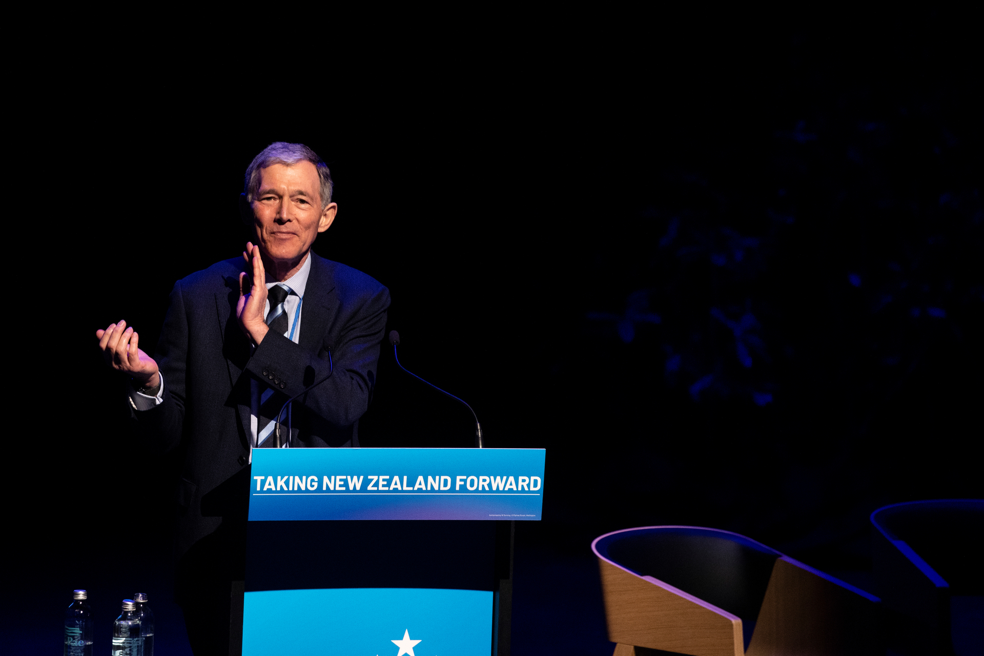 Outgoing National Party president Peter Goodfellow talks at the National Party Conference in Christchurch. Photo / George Heard