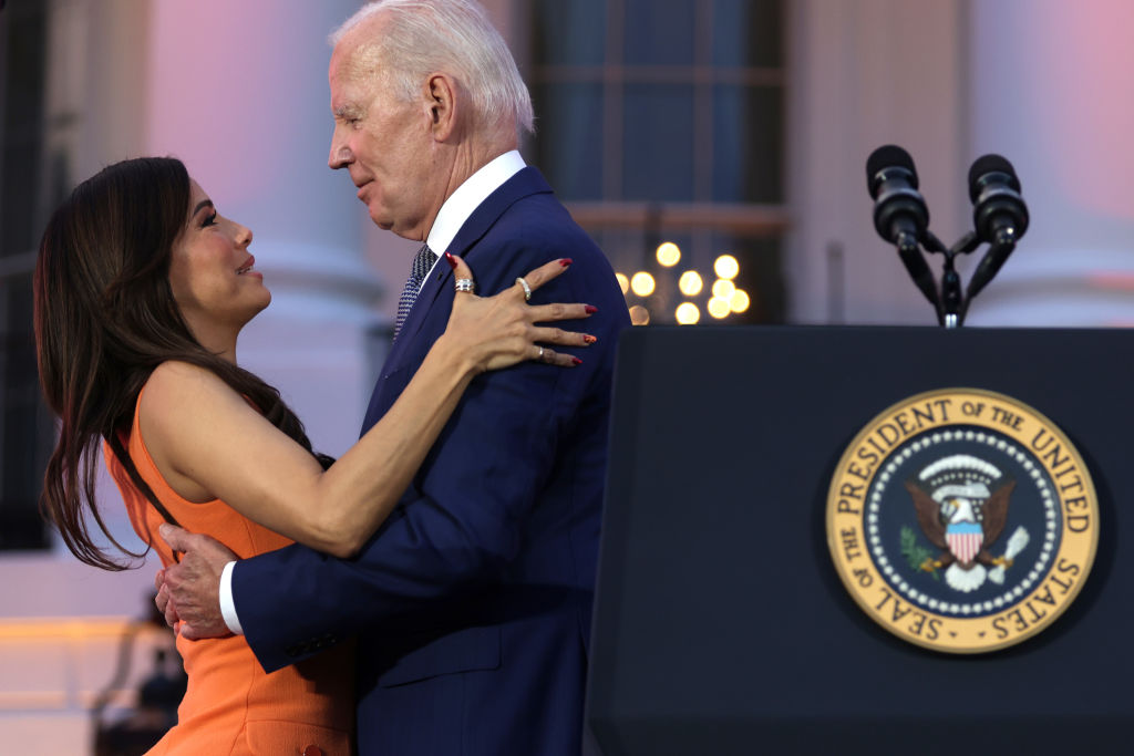 President Joe Biden hugs film director Eva Longoria during a screening of the film “Flamin’ Hot” at the White House. Photo / Getty Images