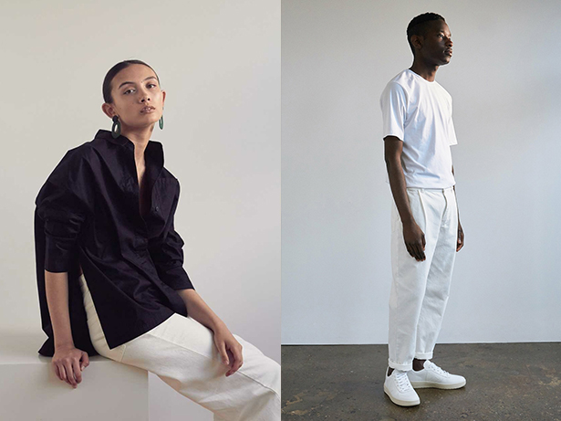 Left: The oversized structured shirt was a hit in previous years and it’s not on it’s way out anytime soon. Kowtow shirt $159. Right: Stand out in whites and lighter earthy shades this summer. Kowtow men's T-shirt $79. Photos / Supplied