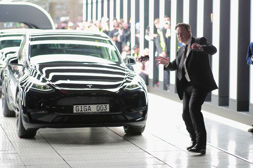Tesla CEO Elon Musk at the Gigafactory Berlin-Brandenburg. Attacks in the Red Sea forced the plant to shutdown in January. Then, “ecoterrorists” shut it down again in March. Photo / Getty Images