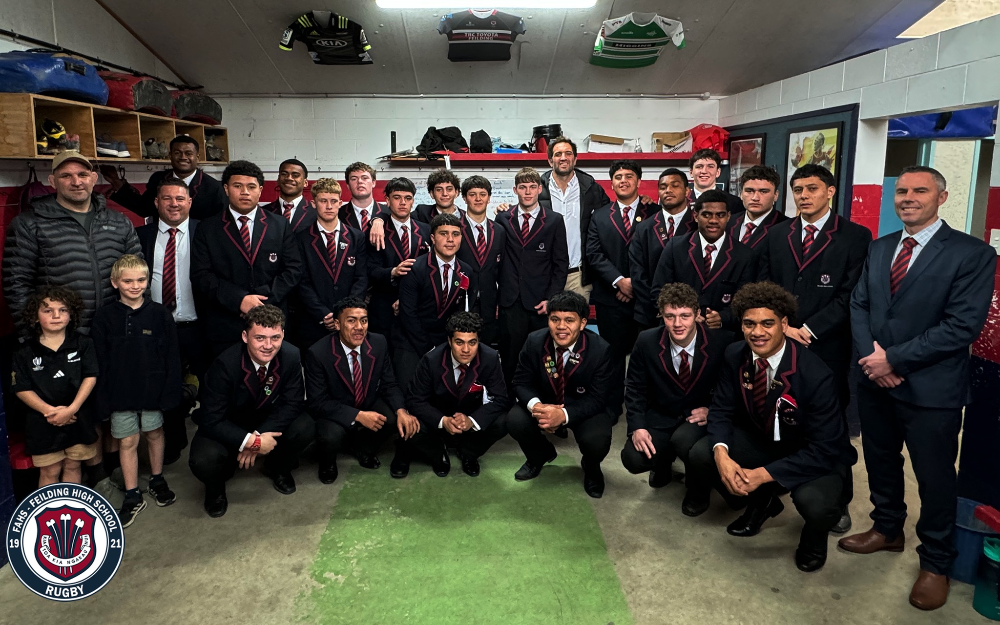 Sam and George Whitelock with the Feilding High School First XV side. Photo / Feilding High School