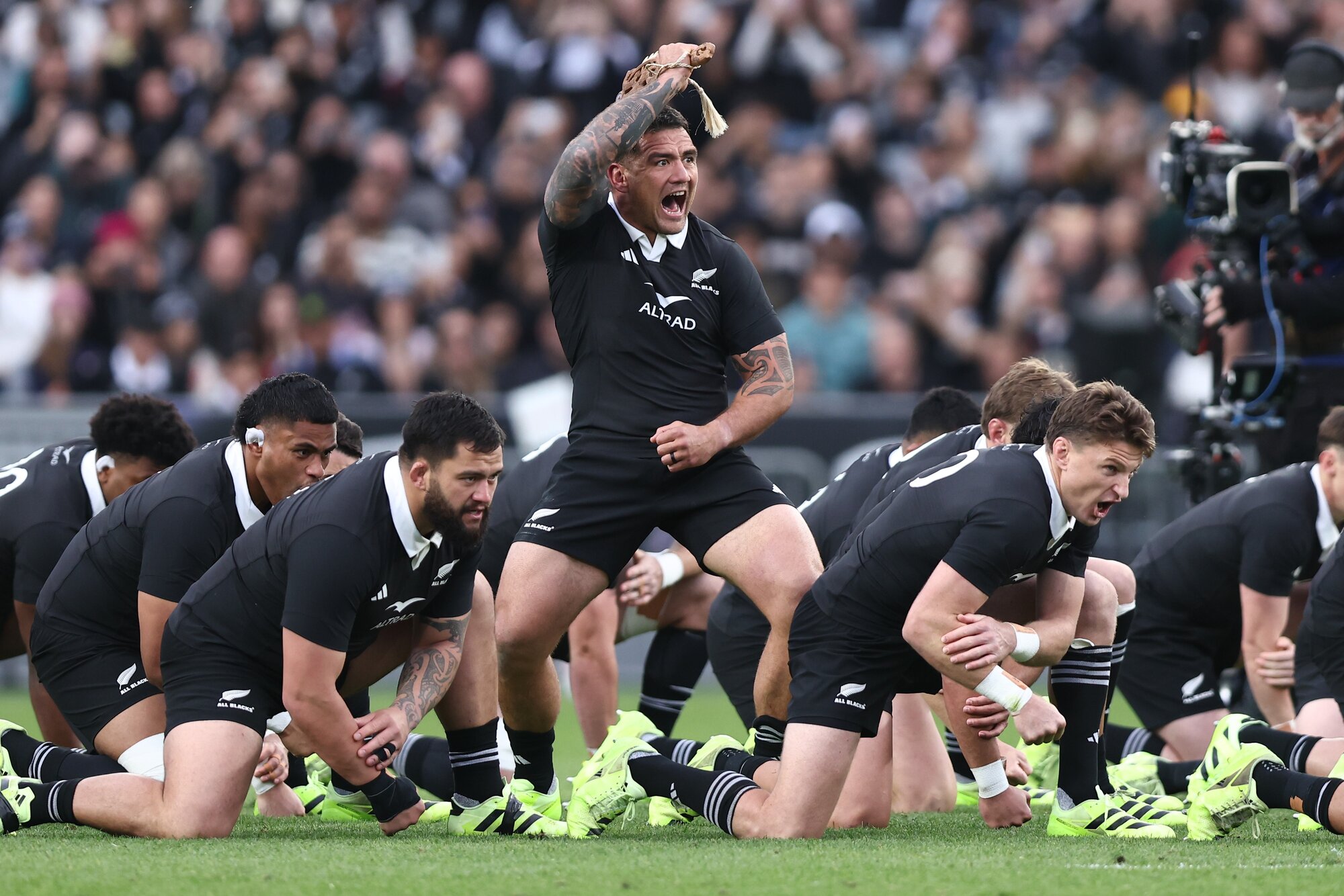 Codie Taylor leads the All Blacks haka at Eden Park. Photo / SmartFrame