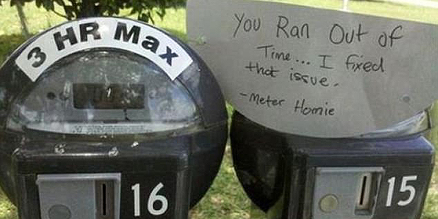 Random acts of kindness like the 'meter homie' who filled parking metres with coins are more affordable with $50 million in the bank. Photo / Imgur