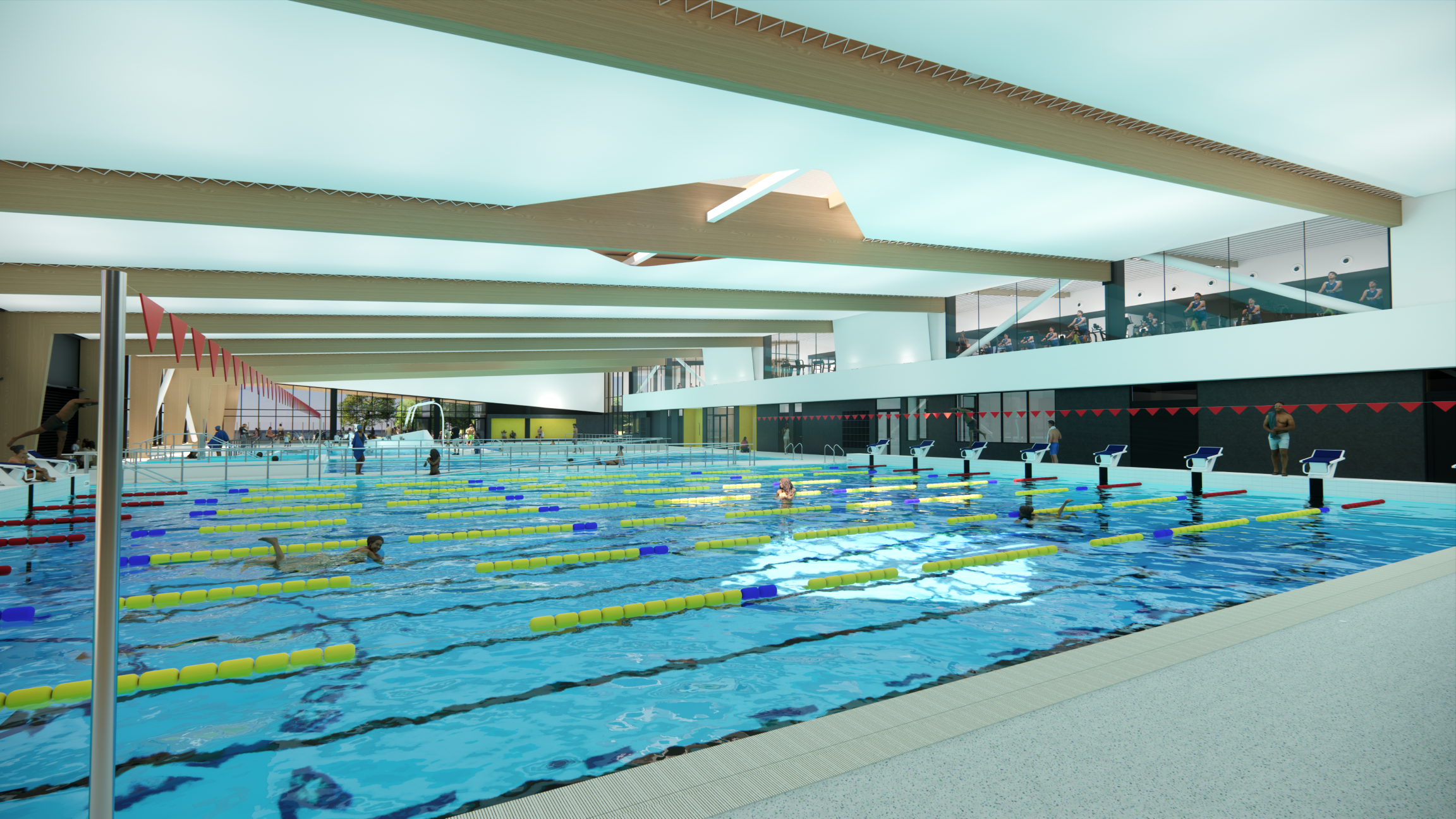 An artist’s impression of the indoor swimming lanes at the $105m Memorial Park Aquatic Centre in Tauranga. Image / Tauranga City Council