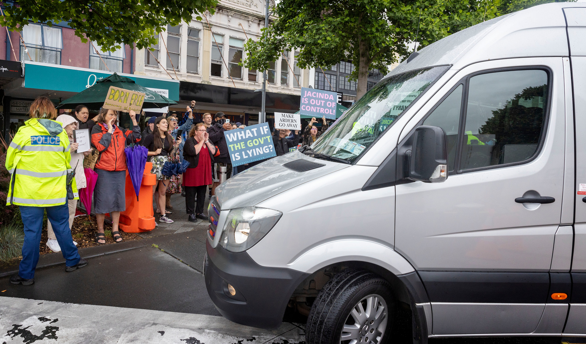 Protesters near PM Jacinda Ardern's van in Hamilton in June. Photo / Mike Scott