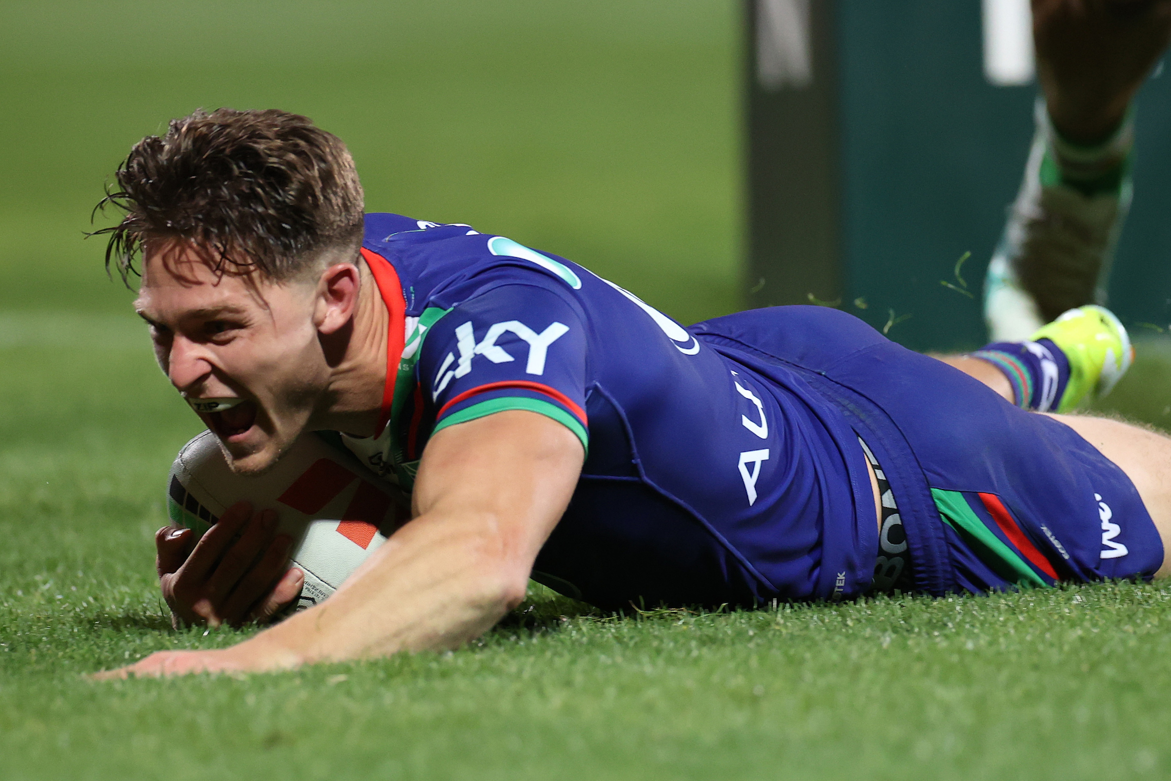 Luke Metcalf scores a try in the Warriors v Raiders NRL match in Christchurch, New Zealand on Saturday, March 22, 2024. Photo / NRL Photos / Photosport