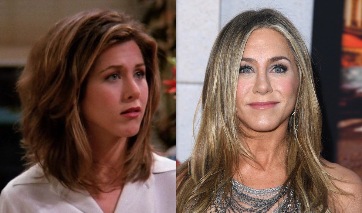 Jennifer Aniston as Rachel Green, and the actress today. Photo / Getty Images