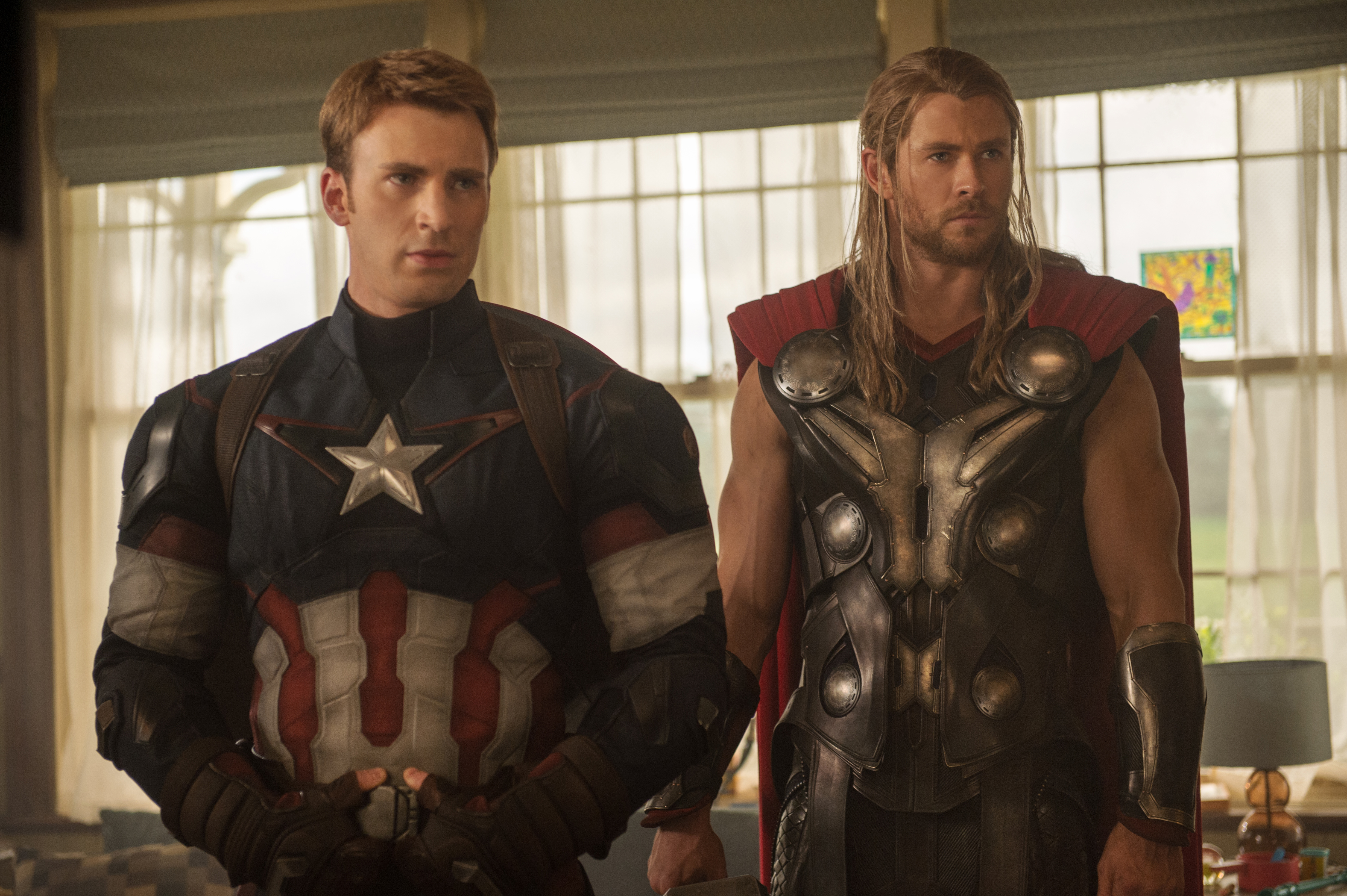 Chris Evans as Captain America and Chris Hemsworth as Thor in Marvel's Avengers: Age Of Ultron.