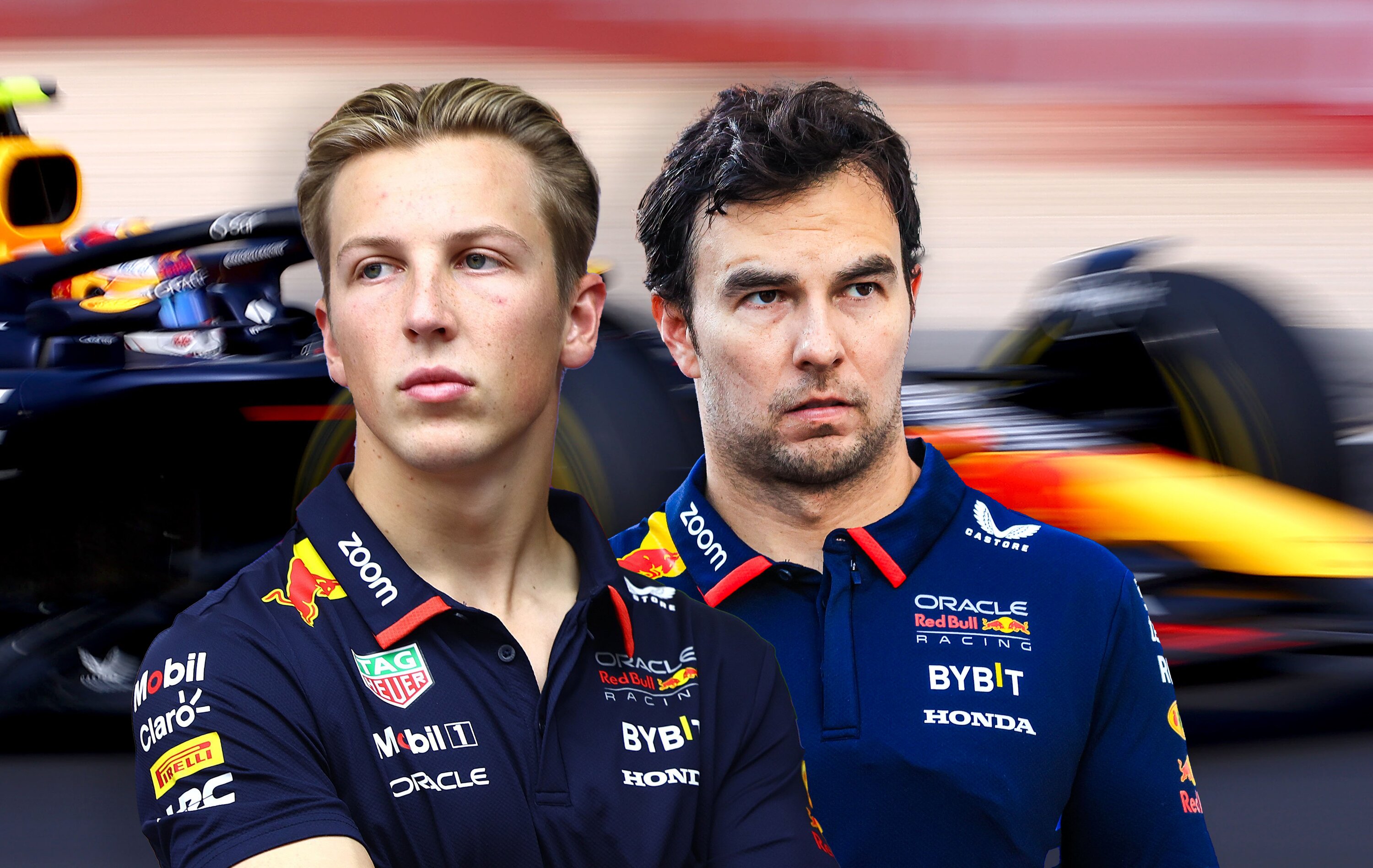 Liam Lawson and Sergio Perez. Photo / Getty Images