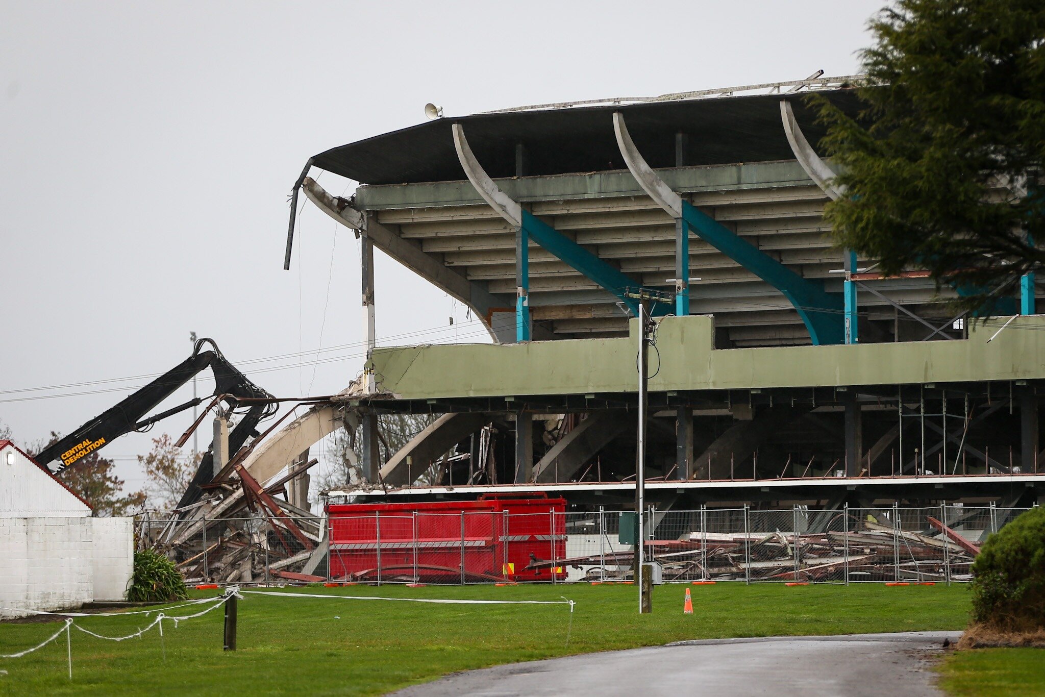 Hastings Tōmoana Showgrounds grandstand during the demolition. Photo / Paul Taylor