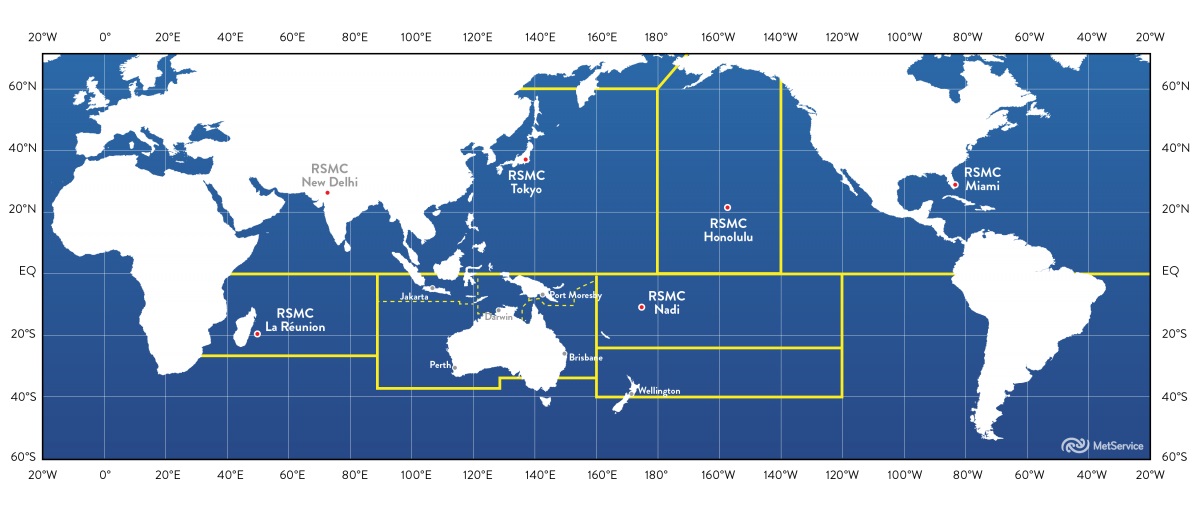 Across the world, there are six regional specialised meteorological centres (RSMCs) and six tropical cyclone warning centres (TCWCs) responsible for putting out local advisories and bulletins. Image / MetService