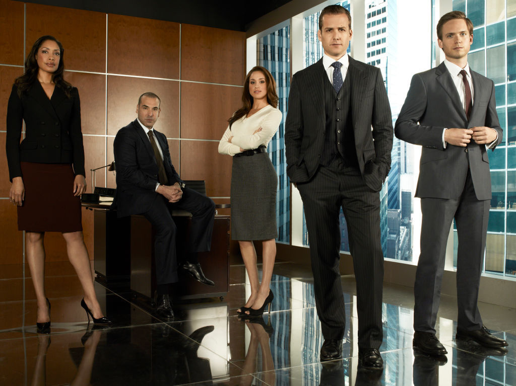 Gina Torres as Jessica Pearson, Rick Hoffmann as Louis Litt, Meghan Markle as Rachel Zane, Gabriel Macht as Harvey Specter, Patrick Adams as Mike Ross. Photo / Getty Images