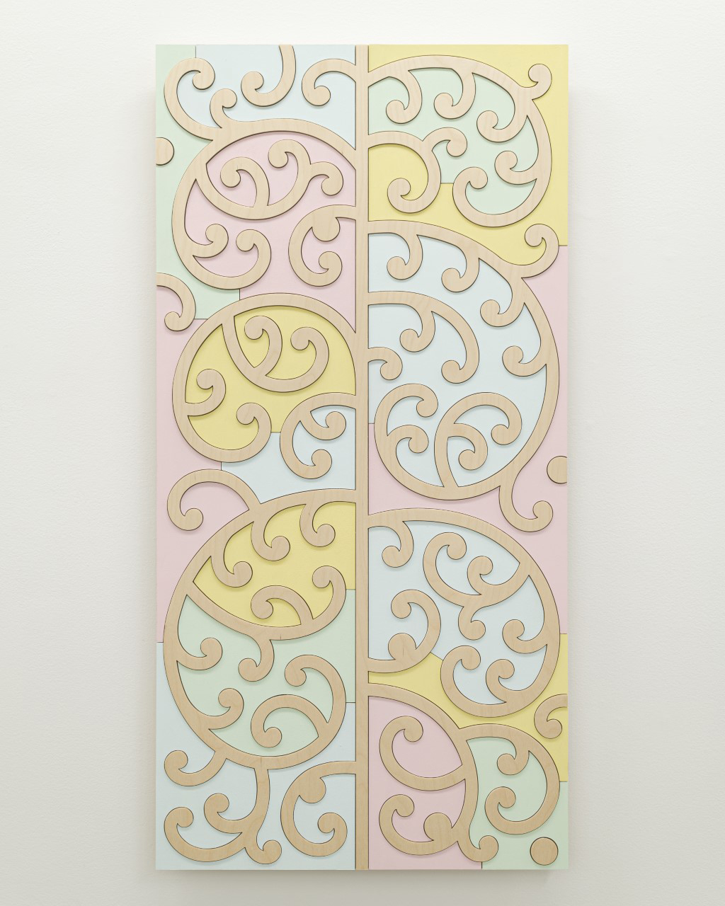Ngataiharuru Taepa ‘He Ata Rawea’, 2022. Various timbers and acrylic, 1100 x 550mm. Image courtesy of the artist and Page Galleries. Photo / Michael Mahne Lamb