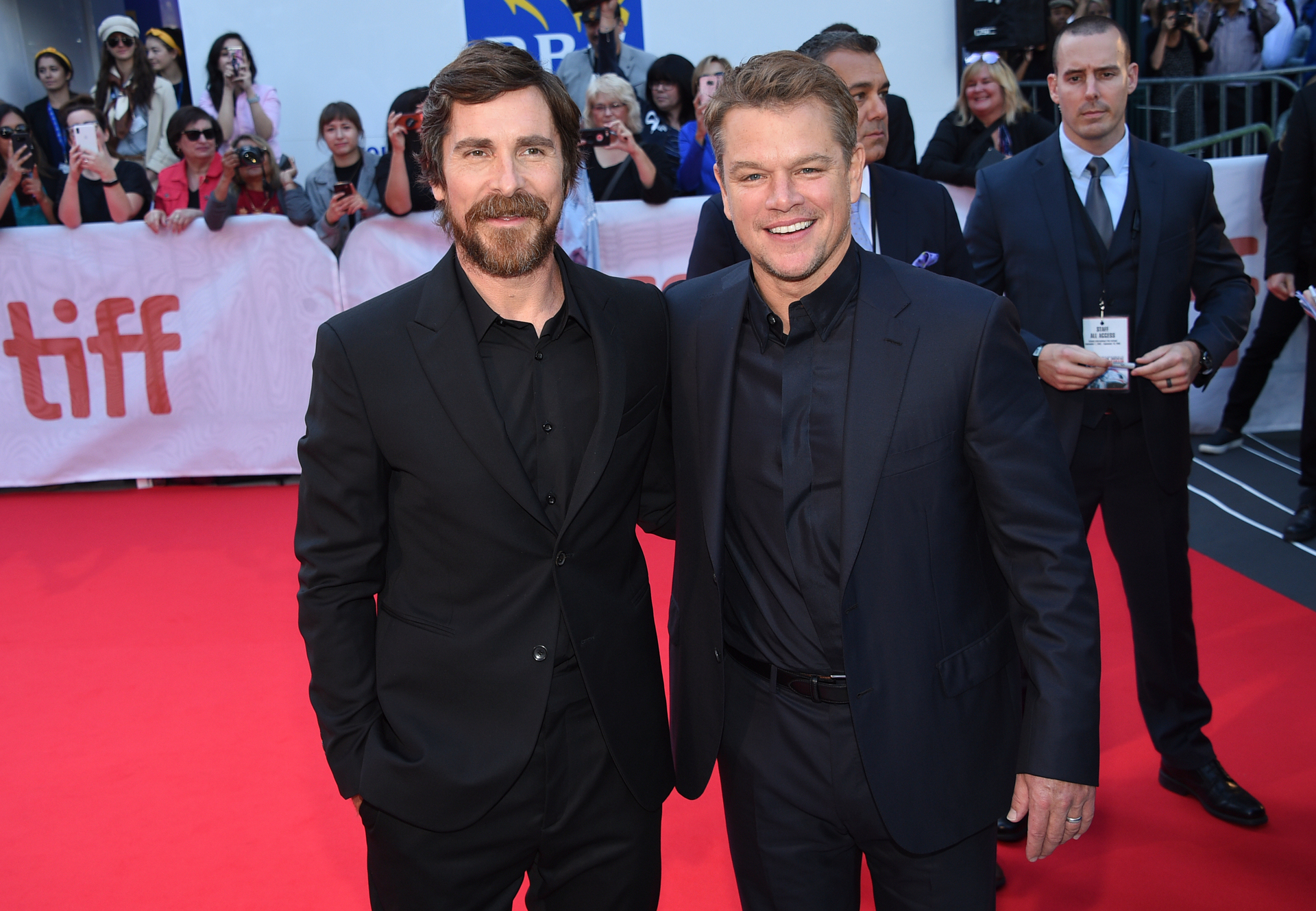 Christian Bale, left, and Matt Damon attend a premiere for Ford v Ferrari on day five of the Toronto International Film Festival. Photo / AP