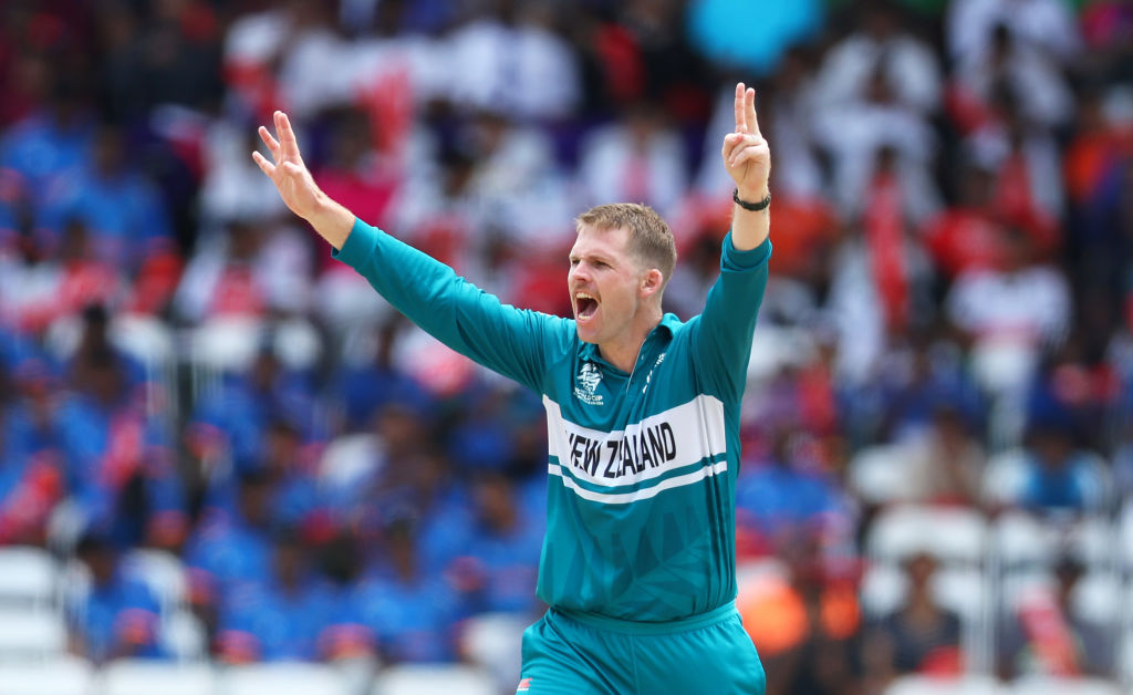 Lockie Ferguson of New Zealand celebrates the wicket of Charles Amini of Papua New Guinea during the ICC Men's T20 Cricket World Cup. Photo / Getty Images