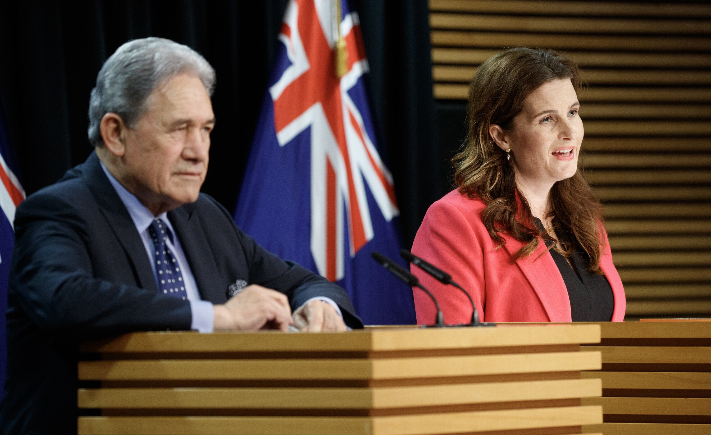 Finance Minister Nicola Willis and newly appointed Minister for Rail Winston Peters. Photo / Mark Mitchell 