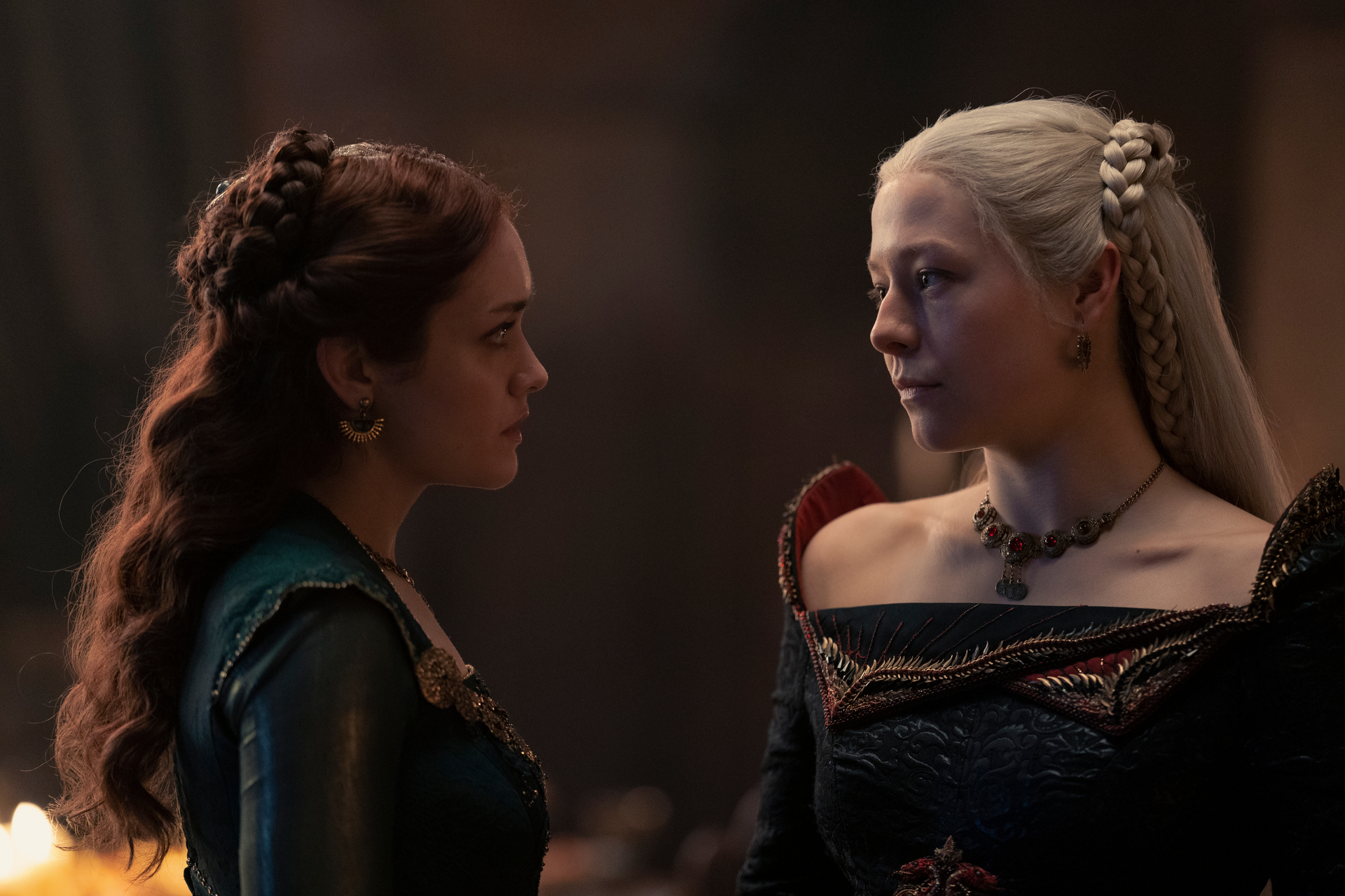 Olivia Cooke as Alicent Hightower and Emma D'Arcy as Rhaenyra Targaryen in The House of the Dragon.