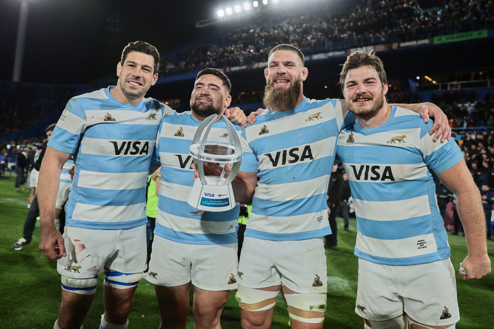 Argentinian players celebrate after beating the All Blacks in Buenos Aires. Photo / AFP
