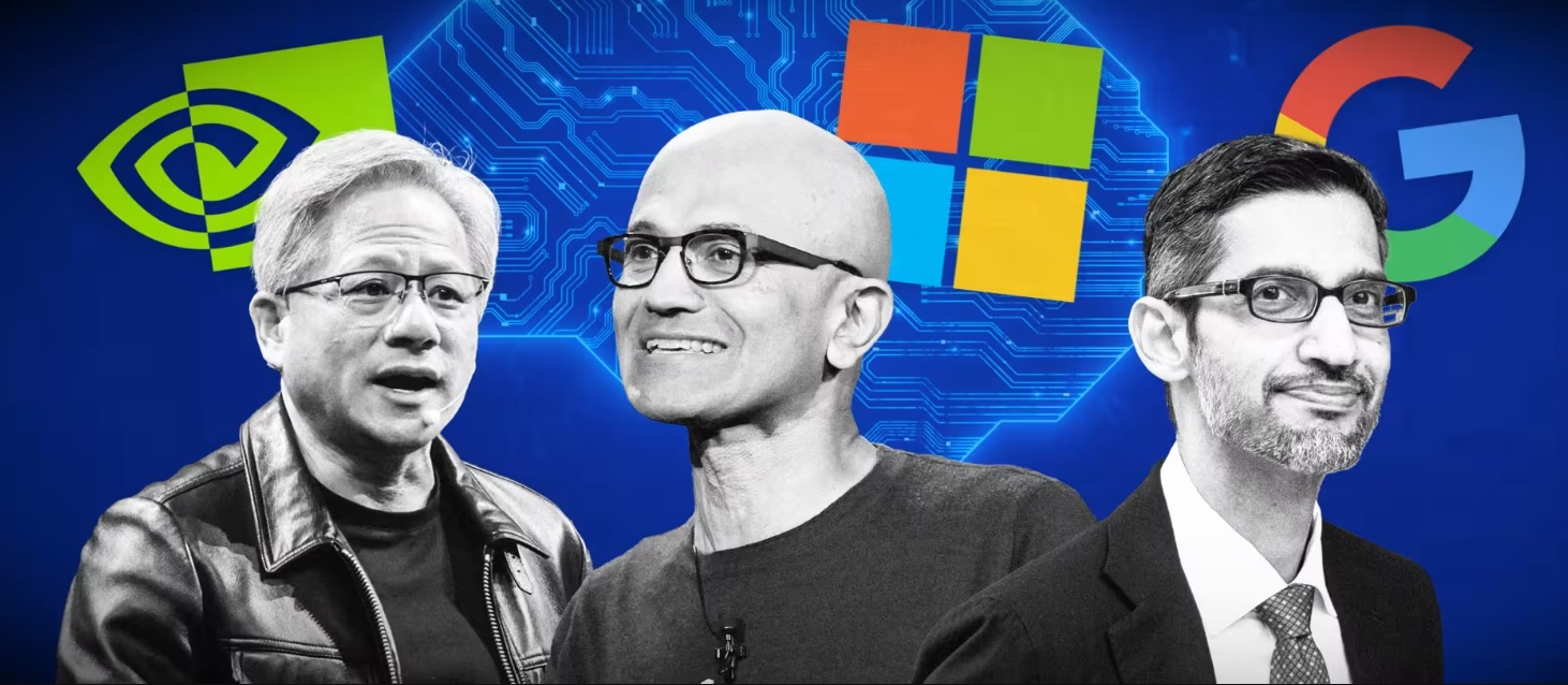 The chief executives: Nvidia’s Jensen Huang; Microsoft's Satya Nadella; Google’s Sundar Pichai. Photo / FT montage, Getty Images