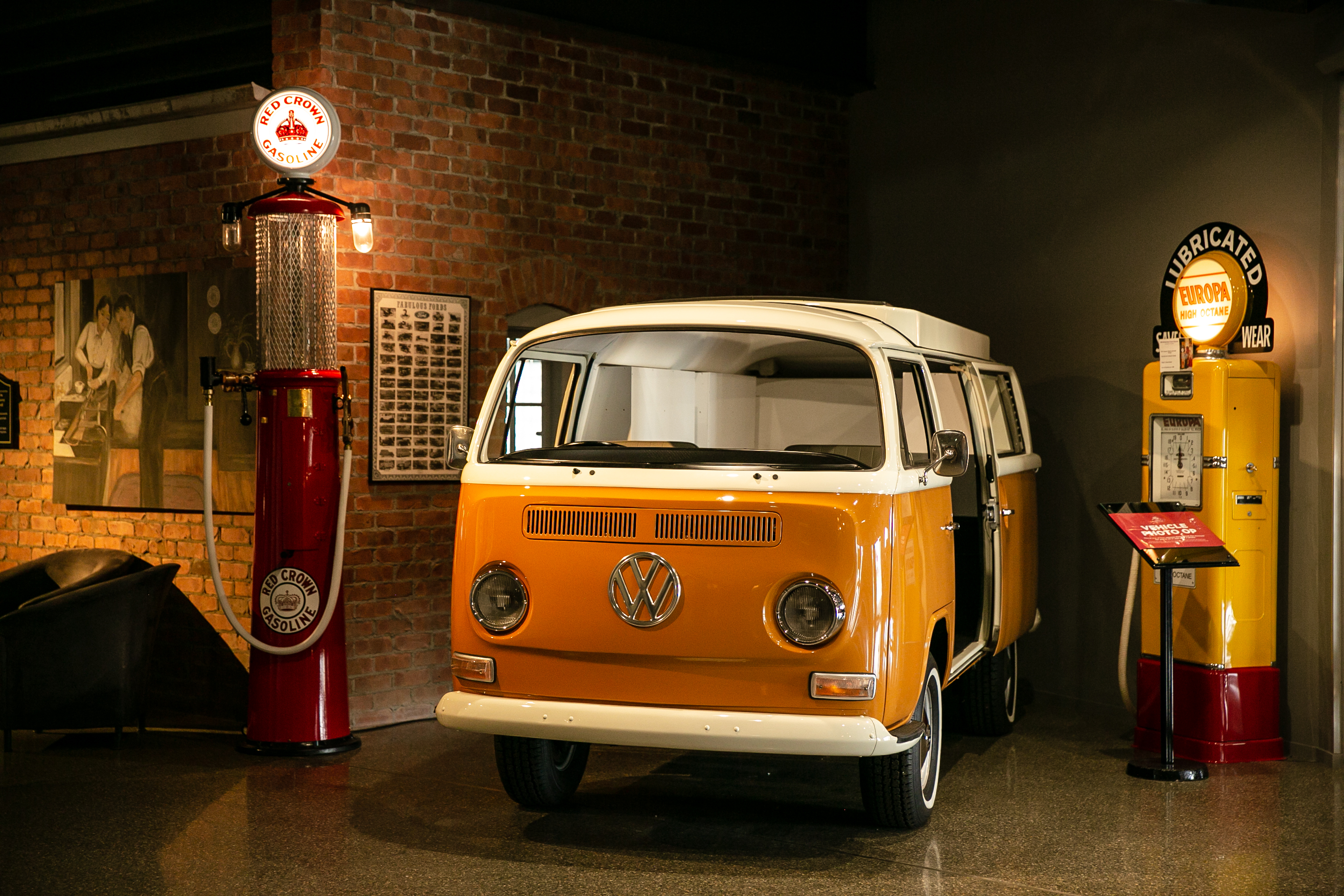 A 1974 Volkswagen Kombi Westfalia camper, part of the massive collection at Bill Richardson Transport World.