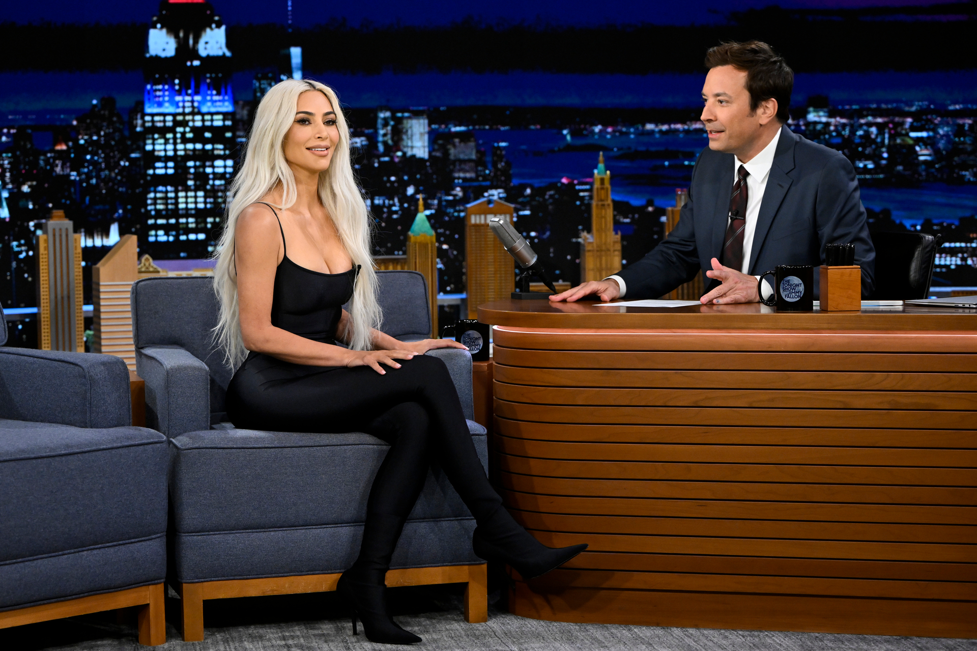 Kim Kardashian had to stop her interview with Jimmy Fallon to discipline her sons who were watching from the crowd. Photo / Getty Images