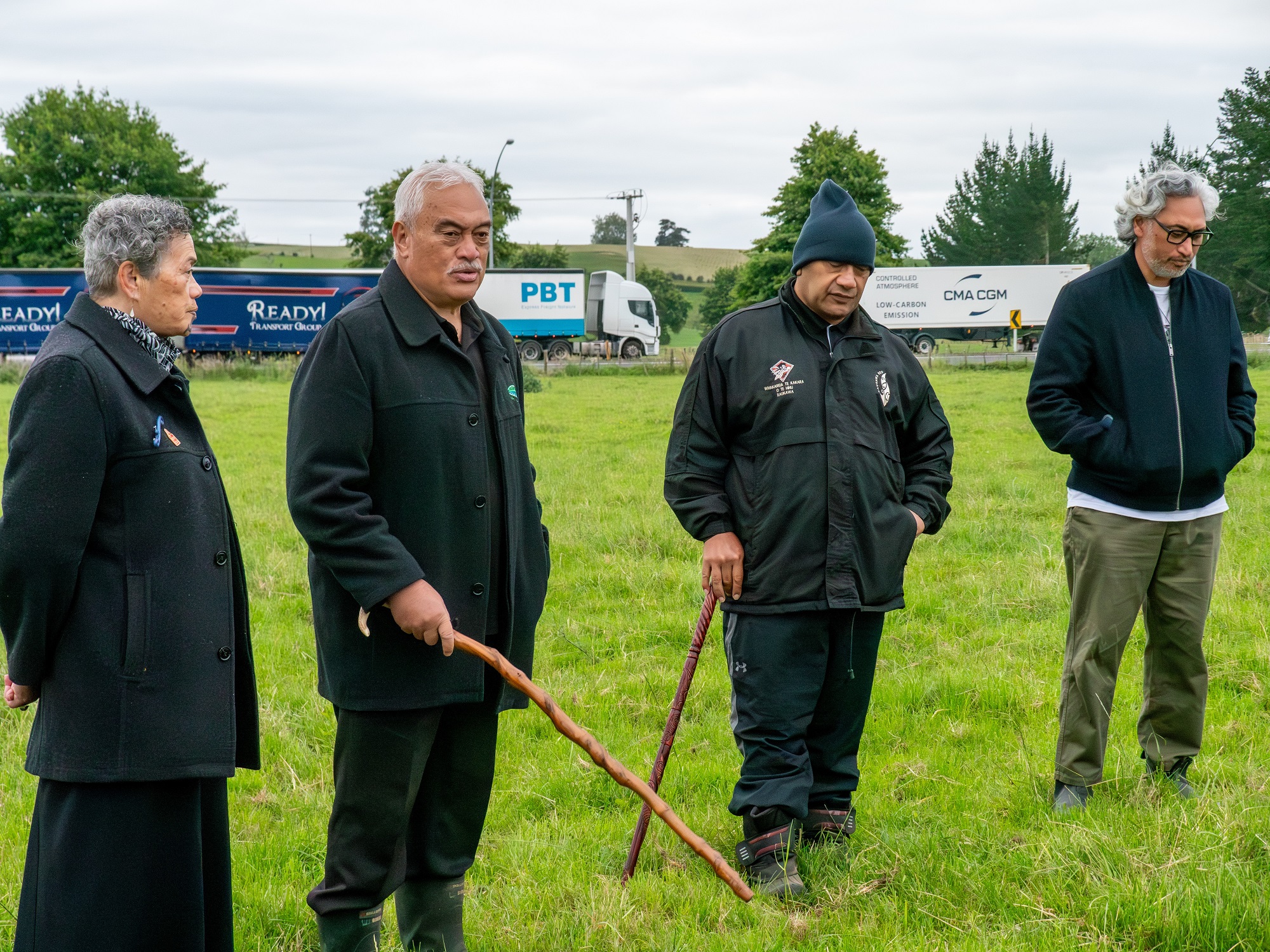 Poto Davies, Karaitiana Tamatea (Ngāti Korokī Kahukura), Wina Taute (Raukawa) and Eugene Kara (Ngāti Korokī Kahukura artist) at the site blessing on Tuesday. Photo / New Zealand Transport Agency Waka Kotahi