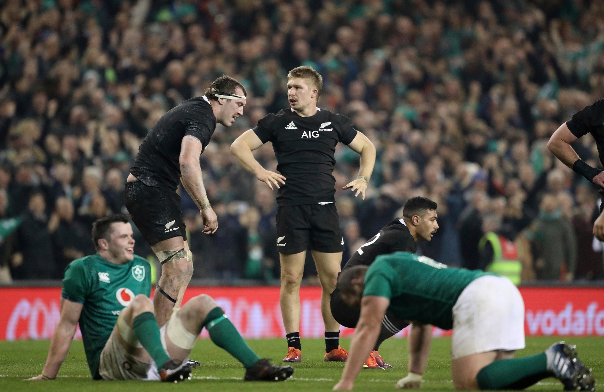 All Blacks' Jack Goodhue and Brodie Retallick react after the final whistle. Photo / AP