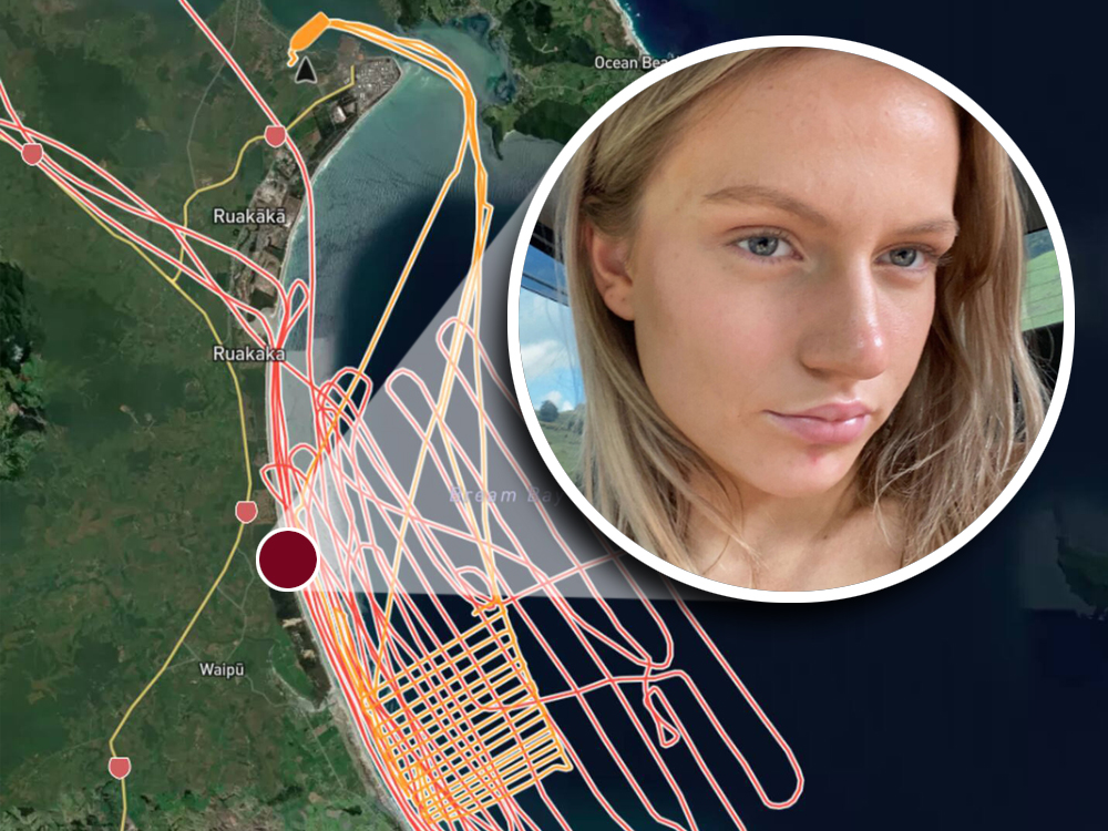 The search area. The red line indicates the aerial search while the Coastguard boat is the yellow line. The red locator circle indicates where Ashley went into the water.