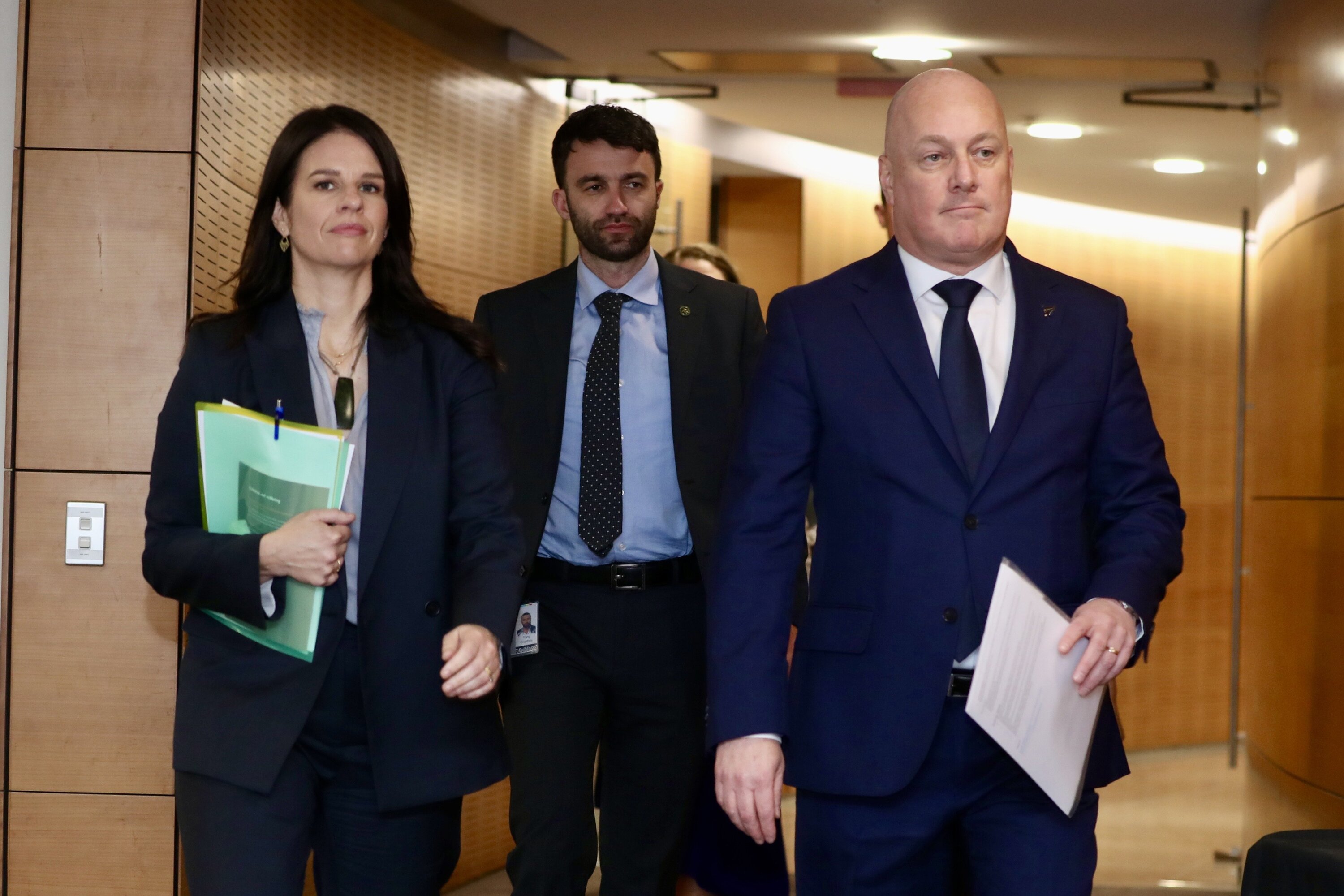 Prime Minister Christopher Luxon and Erica Stanford, lead Minister for the response to the Abuse in Care Royal Commission speak in the Beehive Theatrette in Parliament in November 2024. Photo / Mark Mitchell