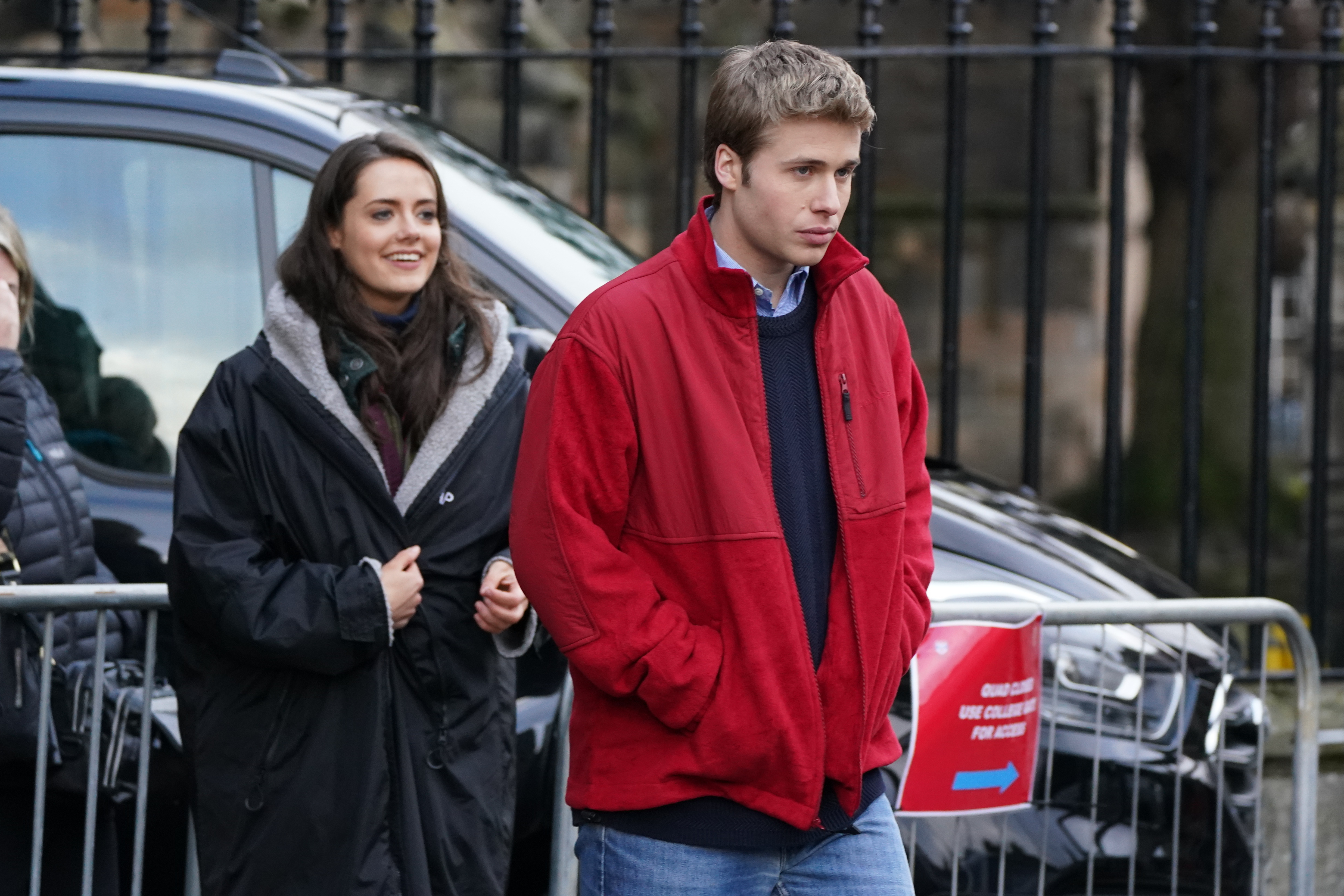Ed McVey, as Prince William and Meg Bellamy, who plays Kate Middleton, in between filming scenes for the next season of The Crown. Photo / Getty Images
