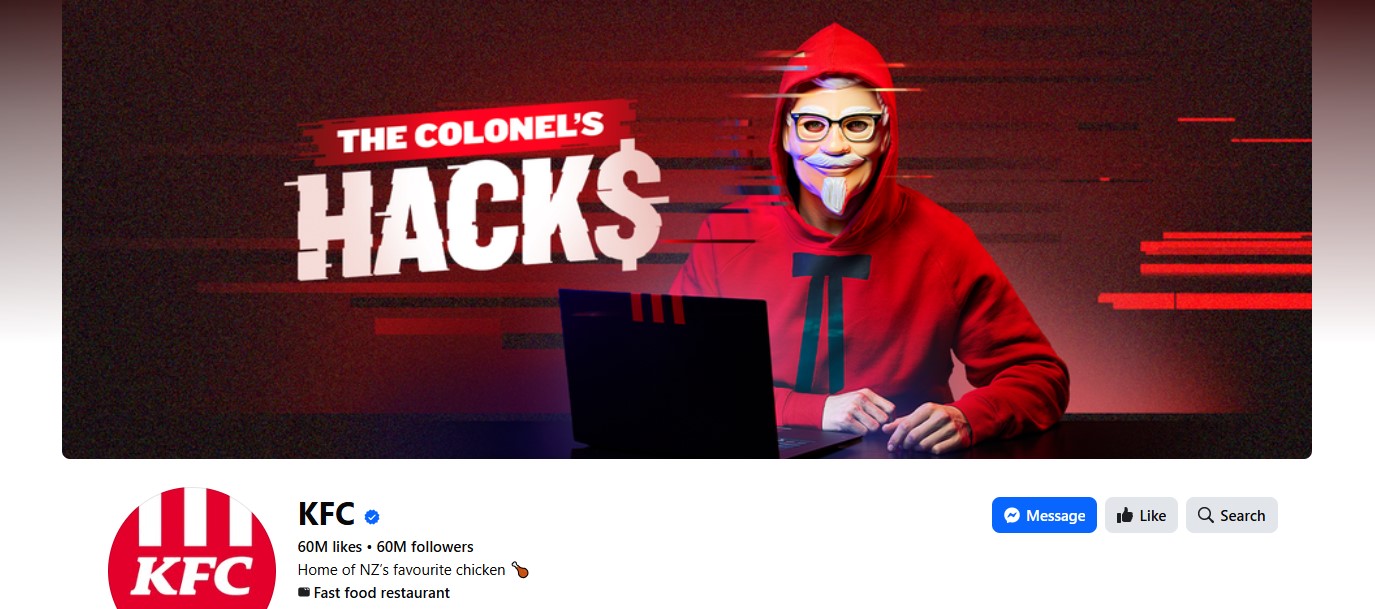 The KFC hacker still appears on top of the fast-food chain's Facebook page - but the ad campaign has been removed.