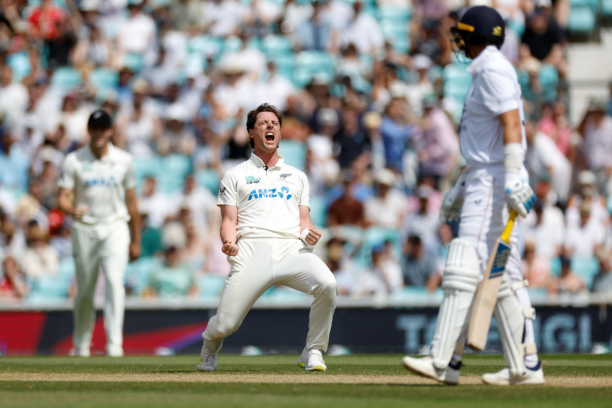 Matt Henry celebrates the wicket of England's Joe Root on day five at The Oval. Photo / Photosport