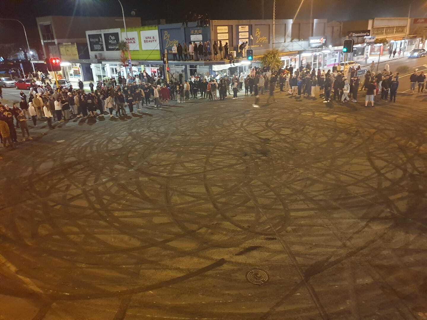 Skid marks from cars doing burnouts during a car meet in Levin. Photo / Supplied