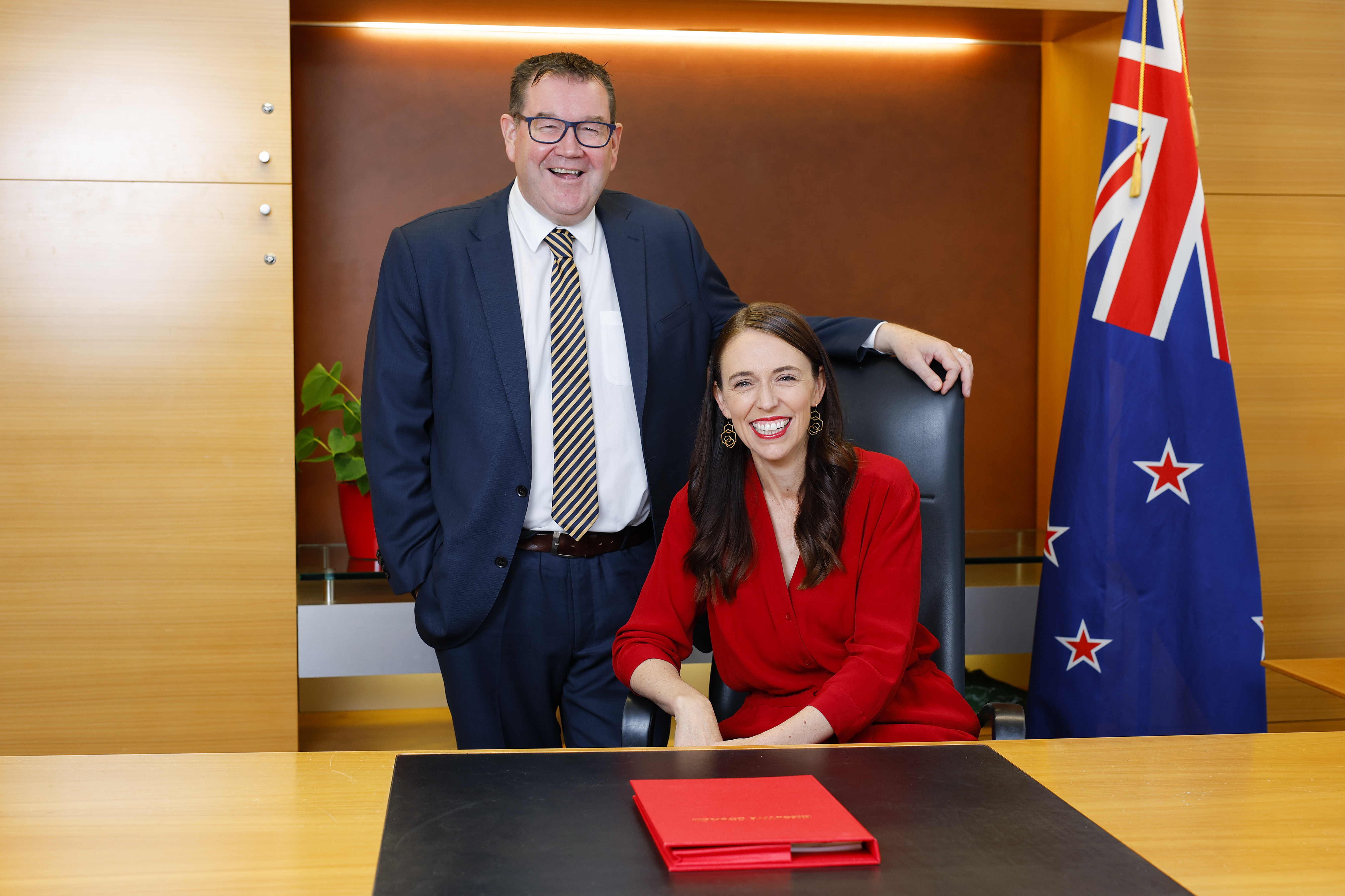 Former prime minister Jacinda Ardern and former deputy prime minister Grant Robertson on Ardern's last day as PM. Ardern's resignation shocked National. Photo / Getty Images