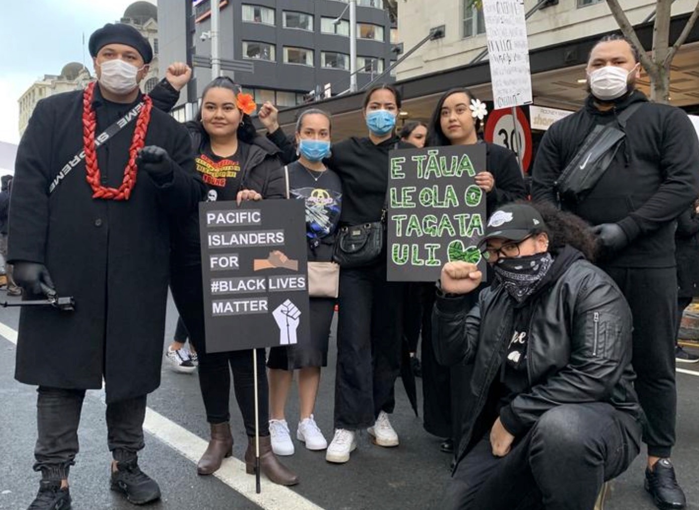 Christopher Tenisio, left, and Pacific Climate Warriors at the #BLM Auckland protest. Photo / Pacific Climate Warriors via RNZ